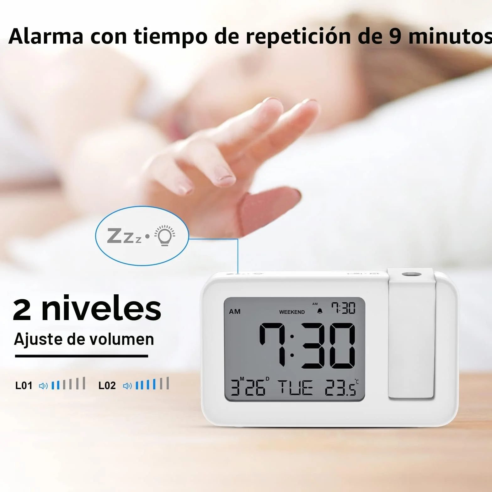 CHEREEKI Reloj Despertador Proyector, Despertador Proyección Digital, Reloj Proyector Techo con Temperatura Interior Fecha, Repetición