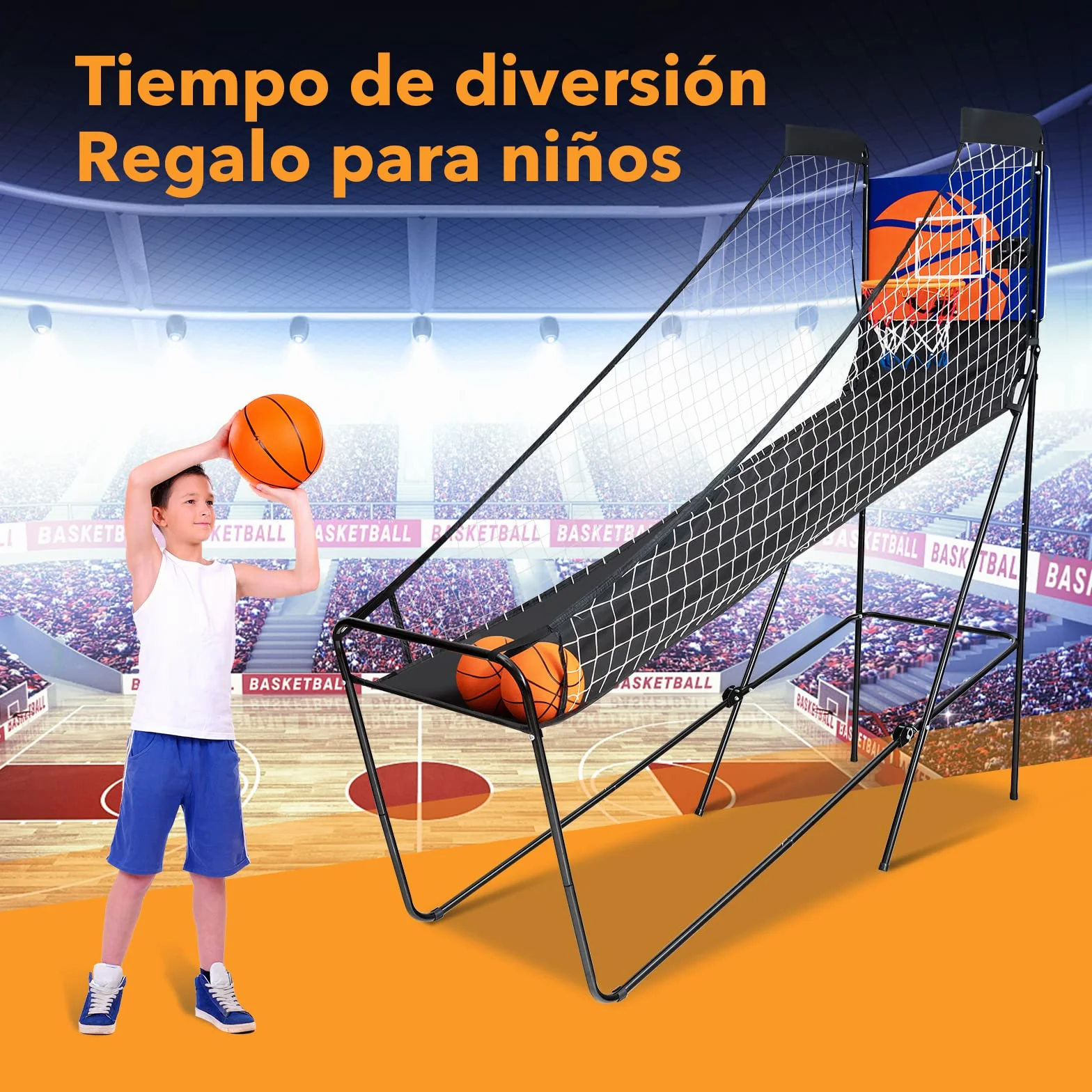 COSTWAY Juego de Canastas de Baloncesto Portátil Plegable con Marcador Electrónico y Compresor, 3 Pelotas, 208 x 62 x 207 cm