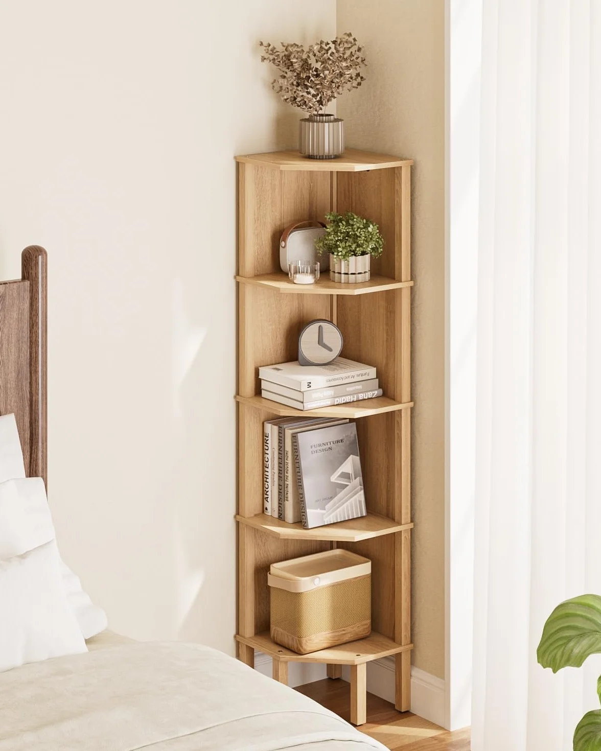 Estantería esquinera con 5 niveles, estantería para plantas, estantería de almacenamiento para salón, oficina, dormitorio, 127 x 29 x 29 cm, madera de roble