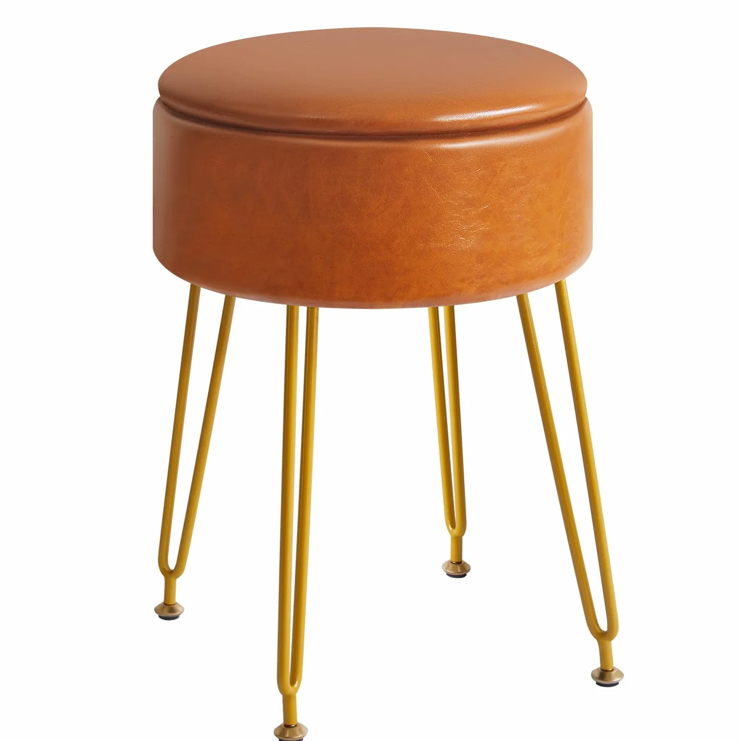 Taberno Redondo de Reposapiés Cuero Falso Almacenamiento Otomano Mesa Lateral Silla Vanidad Maquillaje Asiento Mesa Vestir PU Marrón Claro