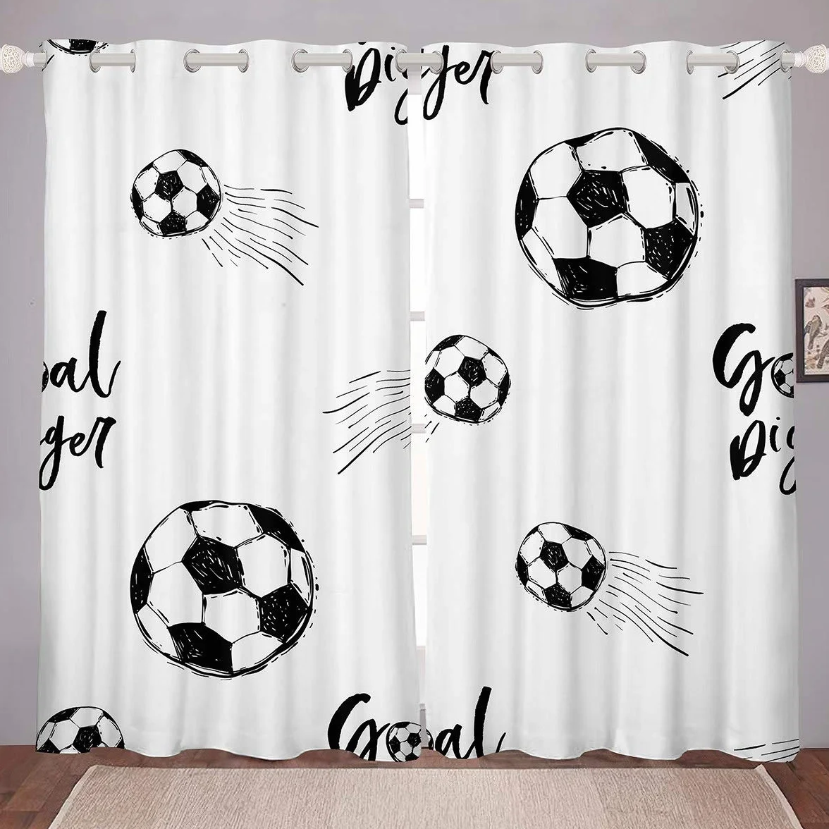 Loussiesd Cortinas de fútbol para niños, Blanco y Negro, con Ojal