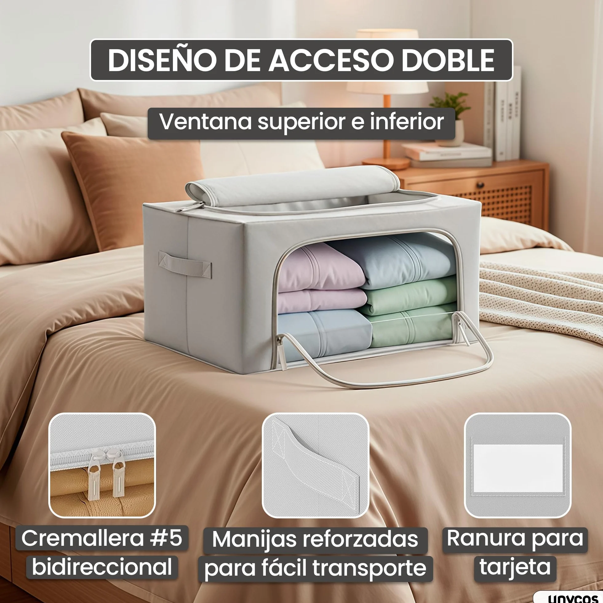 unycos - Cajas de Almacenaje de Ropa【3 Piezas | 24L】 Bolsas con Estructura Resistente de Hierro, Asas Reforzadas y Ventana Transparente, Organizador de Toallas, Edredones | 10 kg (Grey; Iron Rod)