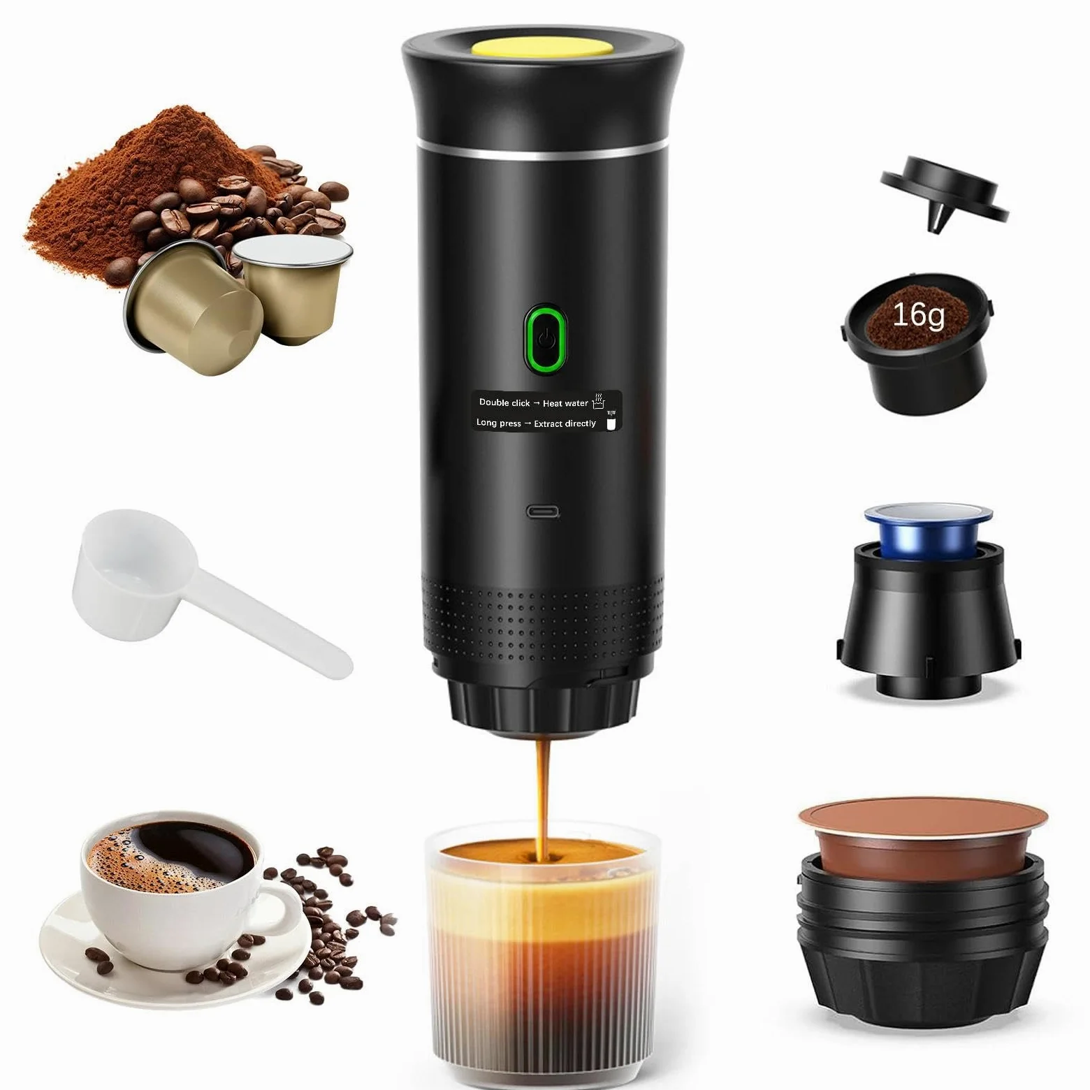 Cafetera Espresso Eléctrica Portátil 3 en 1, Maquina Cafe Capsulas 20 Bar | Cafetera de Viaje para Camping, Cafetera de Coche Autocalentable con USB C para Cápsulas Pequeñas o Grandes y Café Molido