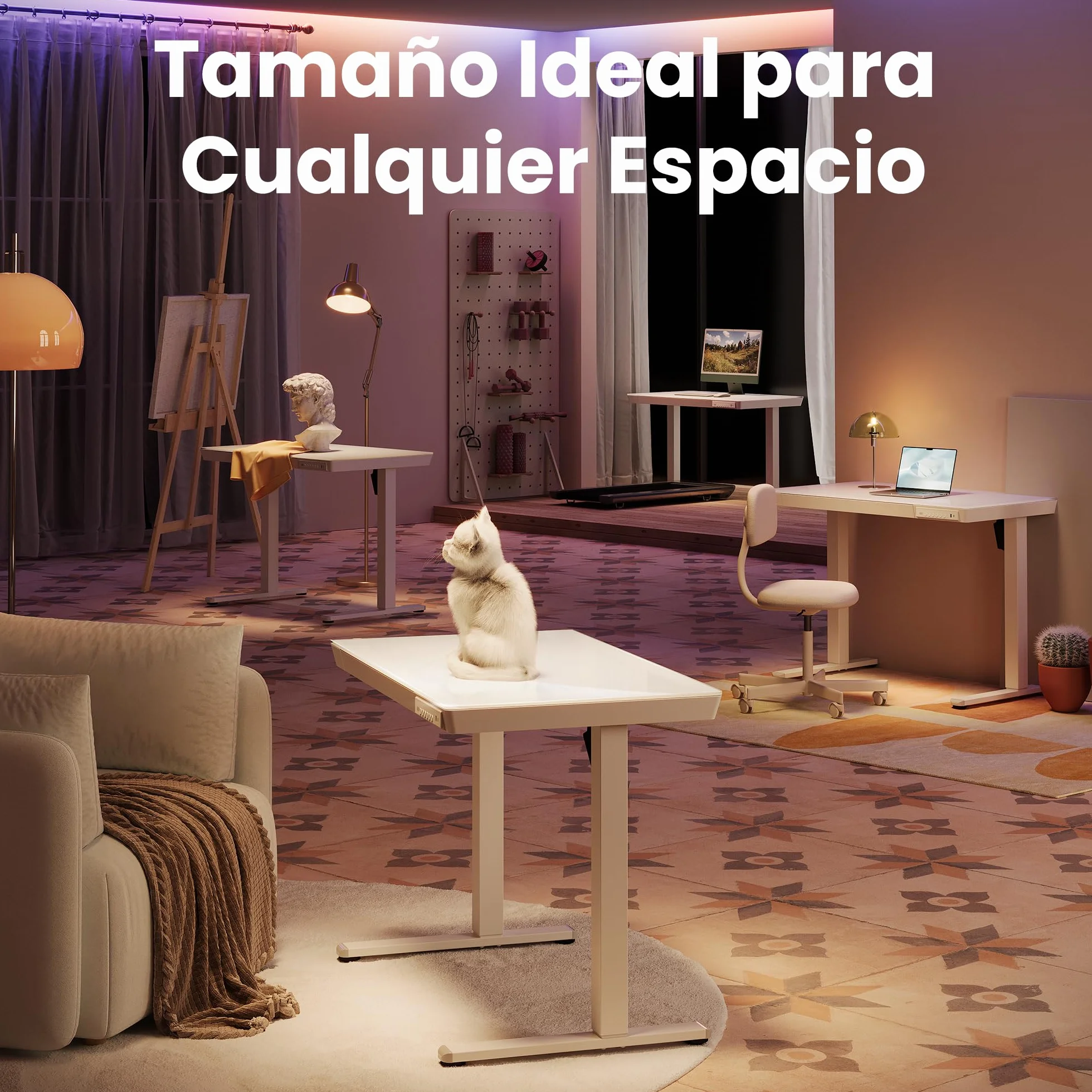 HUANUO 88 x 50 cm Escritorio Elevable, Mesa Elevable de Vidrio con Cajón, Puerto Carga USB y Panel Inteligente de 3 Memorias, Vidrio Blanco