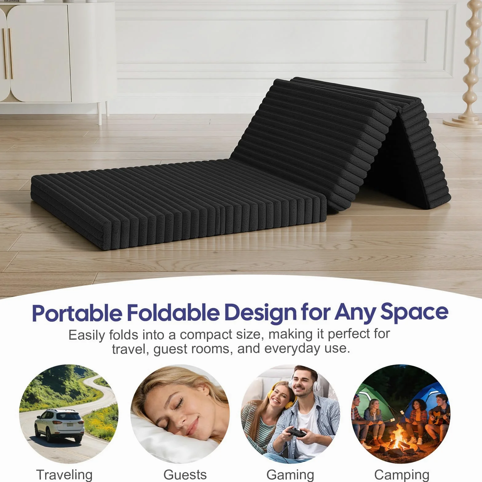 MeMoreCool Colchón plegable individual, 190 x 90 cm, colchón de futón plegable de espuma de alta densidad con funda lavable, tapete portátil para dormir para invitados, viajes, camping, color negro