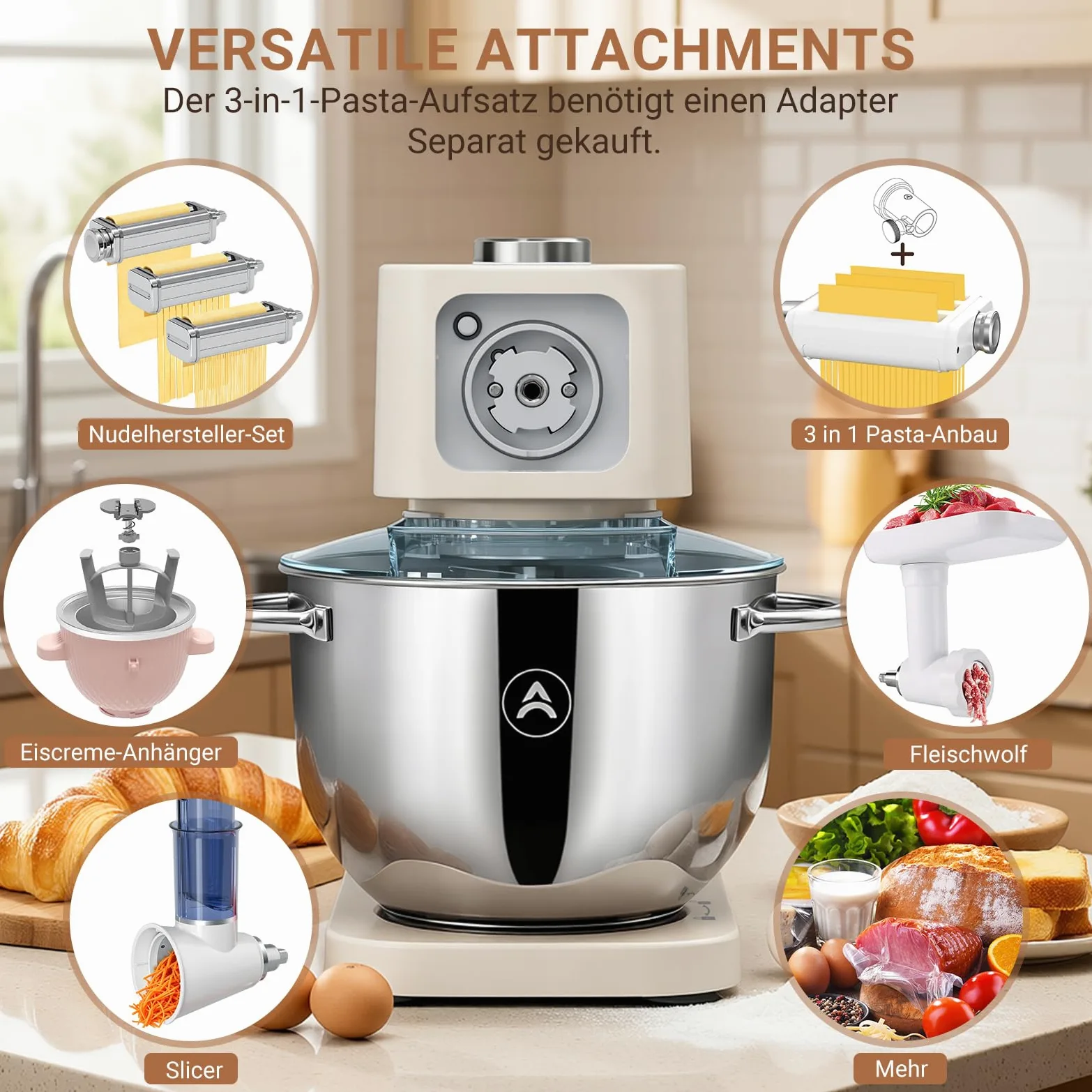 ZACME Robot de cocina de 1200 W, cuenco de acero inoxidable de 5,2 L, motor de CC silencioso, transmisión de 11 niveles, incluye 3 herramientas para mezclar (gancho para amasar, batidor, batidor