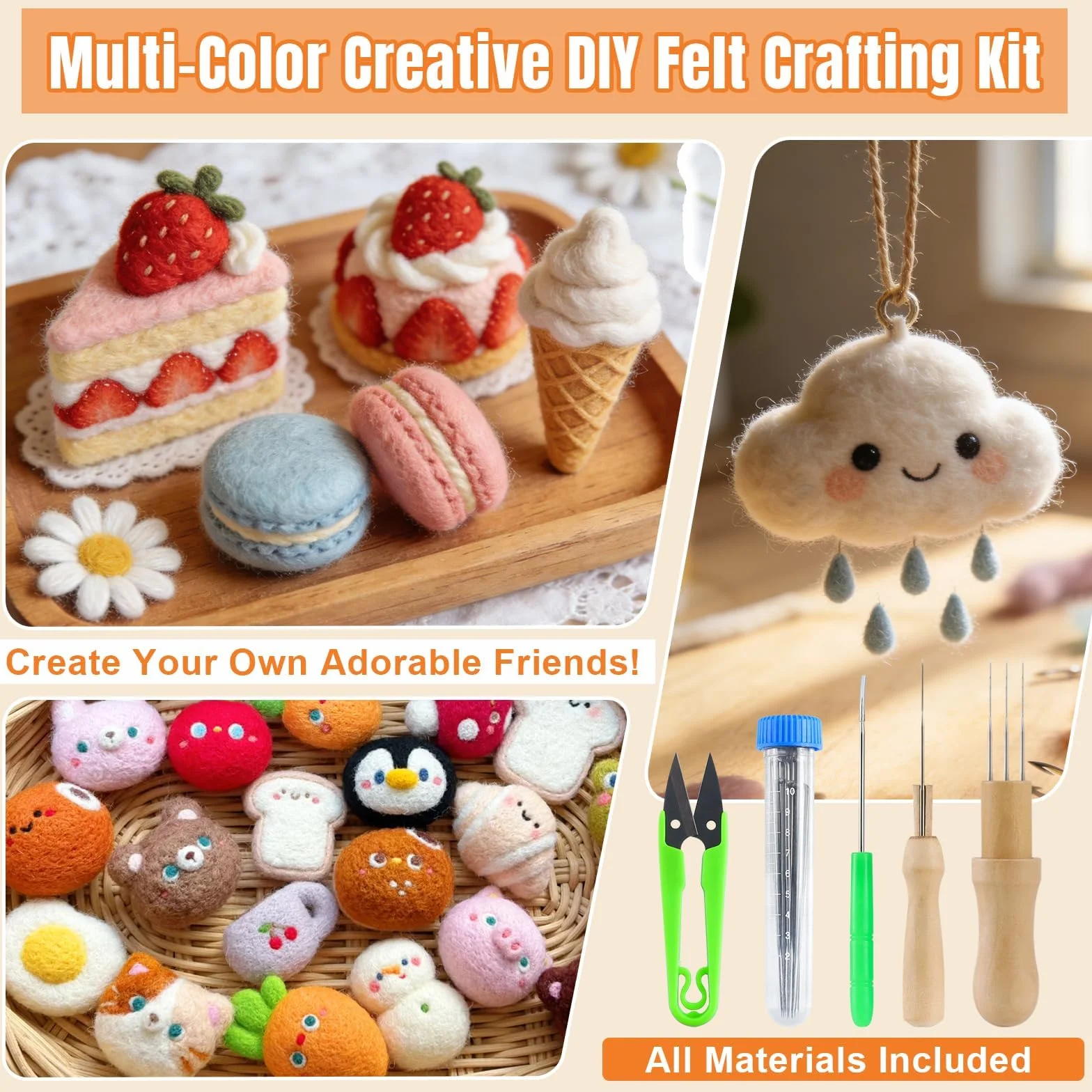 Kit de Lana para Fieltro 100 Colores, 300g Lana de Cuento para Fieltrado en Seco y Húmedo, Agujas de Fieltro, Herramientas y Tiras de Lana, Ideal para Manualidades DIY de Animales y Kits de Fieltro