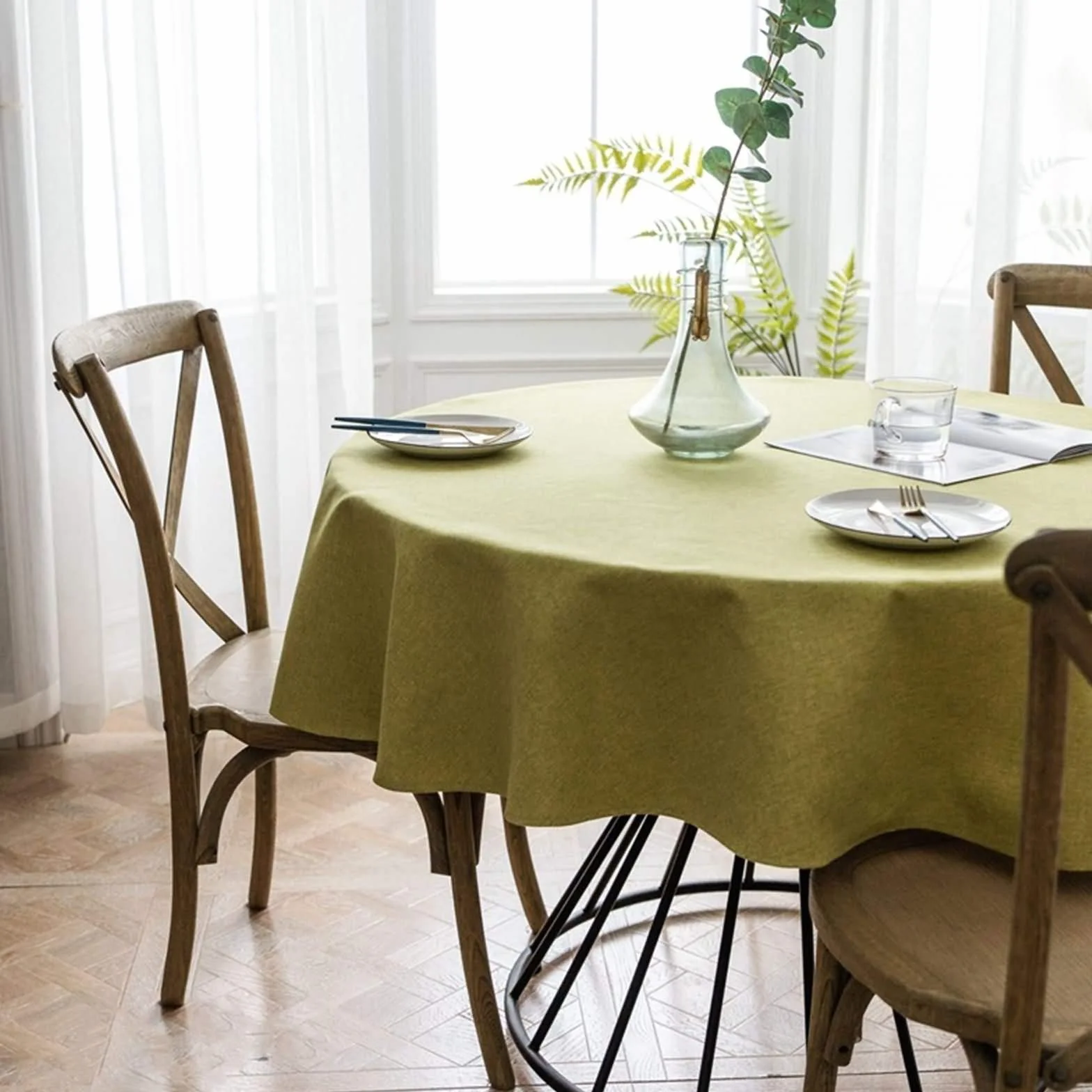 Manteles Redondos Antimanchas 200CM,Manteles de Mesa Verde Color Sólido Poliéster Manteles para Mesa de Comedor