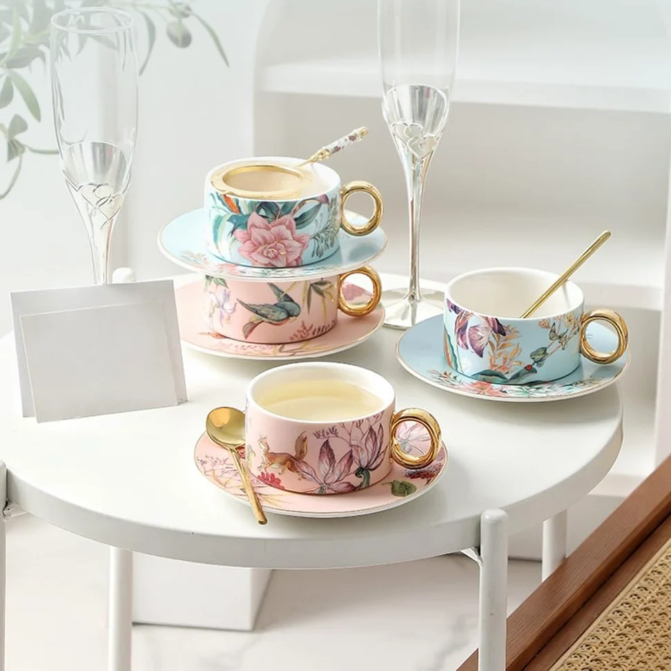 Tazas de café y tazas de café expreso, juego de 4 tazas de café y platillo apilables, juego de tazas de té de cerámica