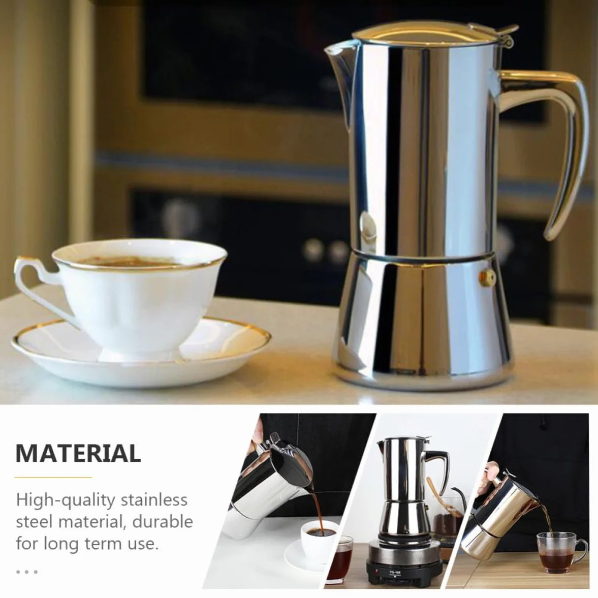 Cafetera Italiana de Acero Inoxidable 200ml Mango Antiquemaduras, Apta para Estufas de Inducción, Adecuado para Uso en Casa o Cafeterías