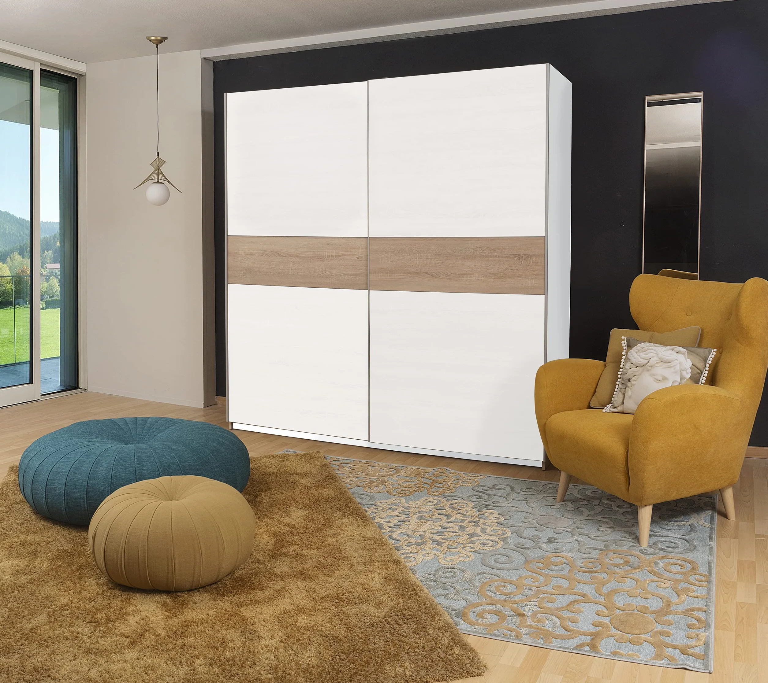 Homely | Armario de Puertas correderas Winter 200 | Acabado Laminado sintético Color Blanco Mate con Franja Central Reversible en Blanco o Roble | Medidas 200x62. Altura 210 cm. | Diseño Funcional