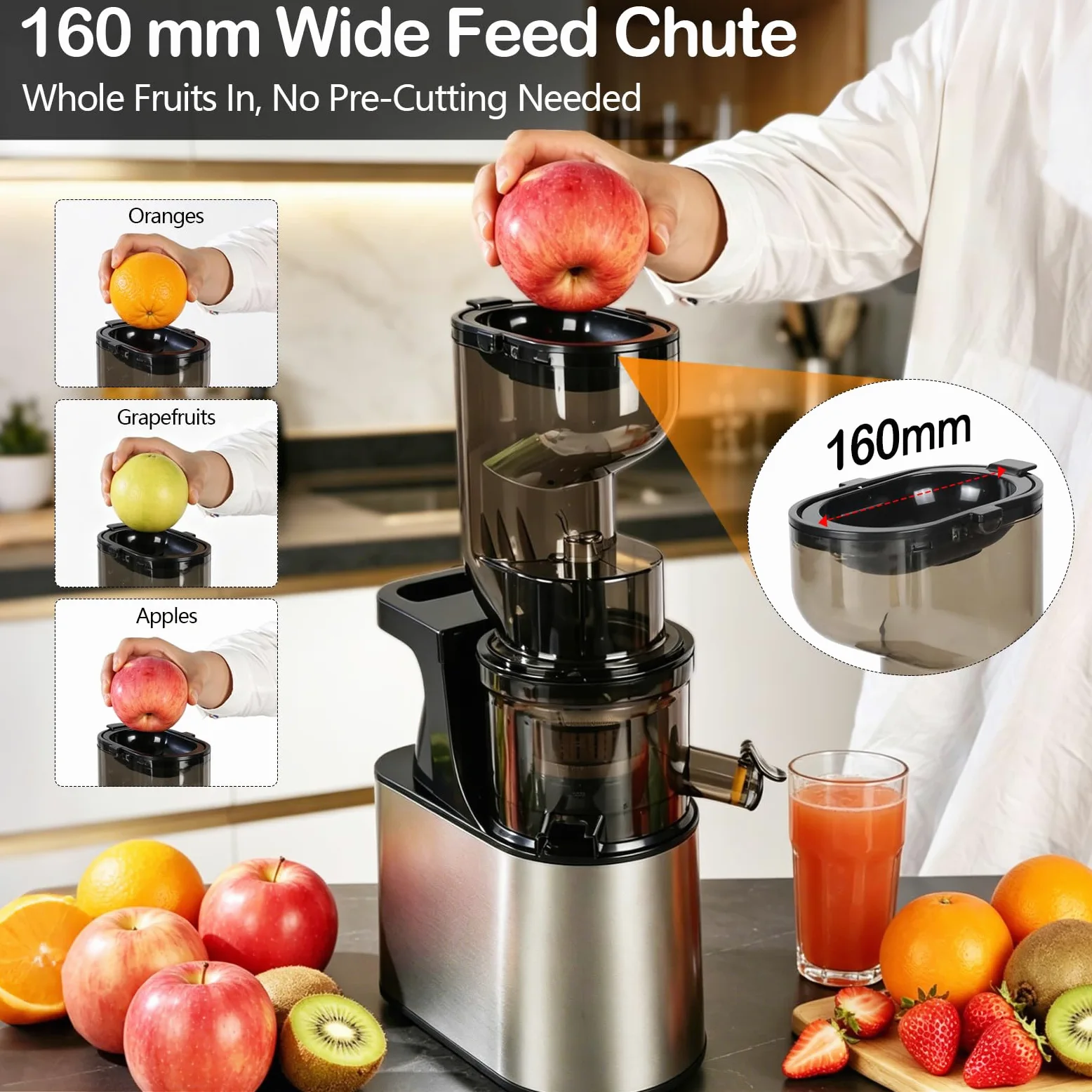 Extractor de Jugo Slow Juicer 1L, Entrada XXL de 160 mm | Hasta 97 % de Rendimiento, 2 Sistemas de Filtro para Zumo Sorbete Leche Vegetal & Helado de Frutas, Recetario Incluido