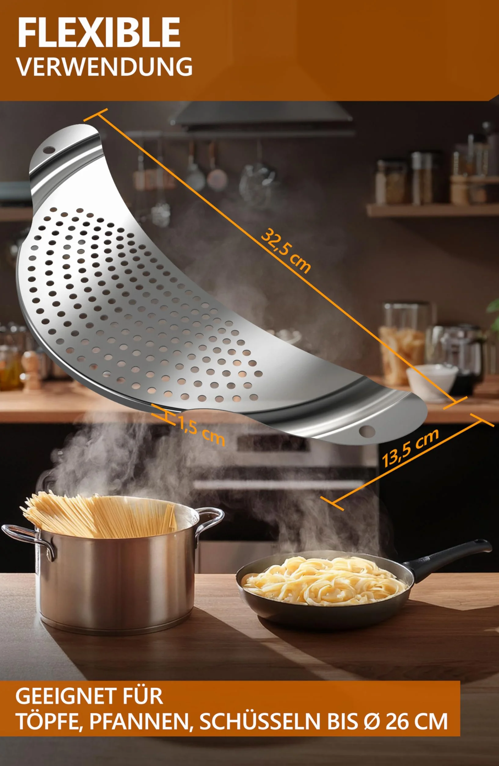 4smile Colador para Cocina – Utensilio de Acero Inoxidable para Verter Ollas de hasta 26 cm de Diámetro – Diseño Plano que Ahorra Espacio, Práctico para Pasta y Patatas