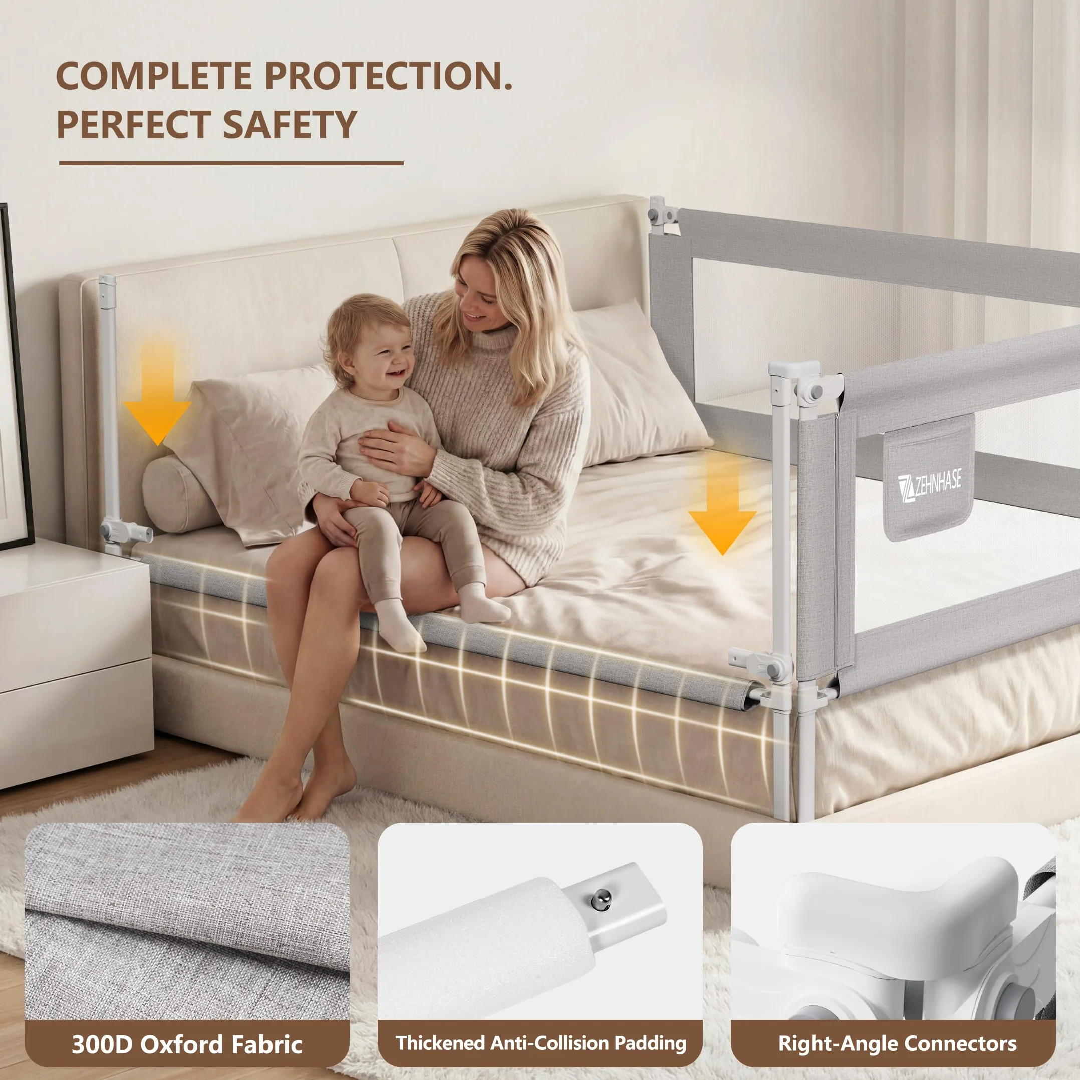 Barandilla de Cama para Bebés, Barrera de Cama para Niños Colchón Doble, Tamaño Completo Queen y King, Gris, 190cm, 1 Lado