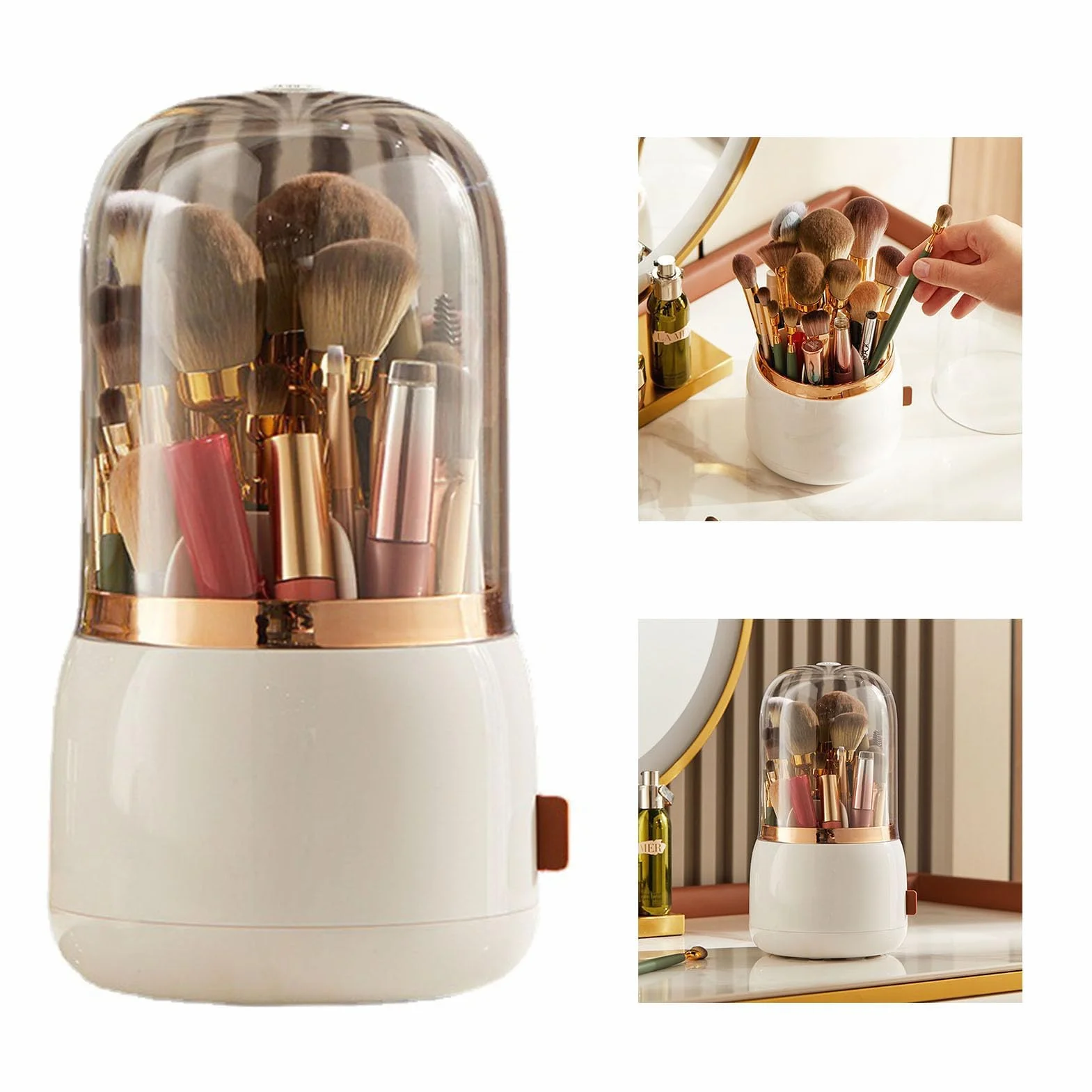 Soporte para brochas de maquillaje, organizador de herramientas cosméticas con tapa, organizador de brochas de maquillaje giratorio 360 para encimera de baño y tocador (Blanca)