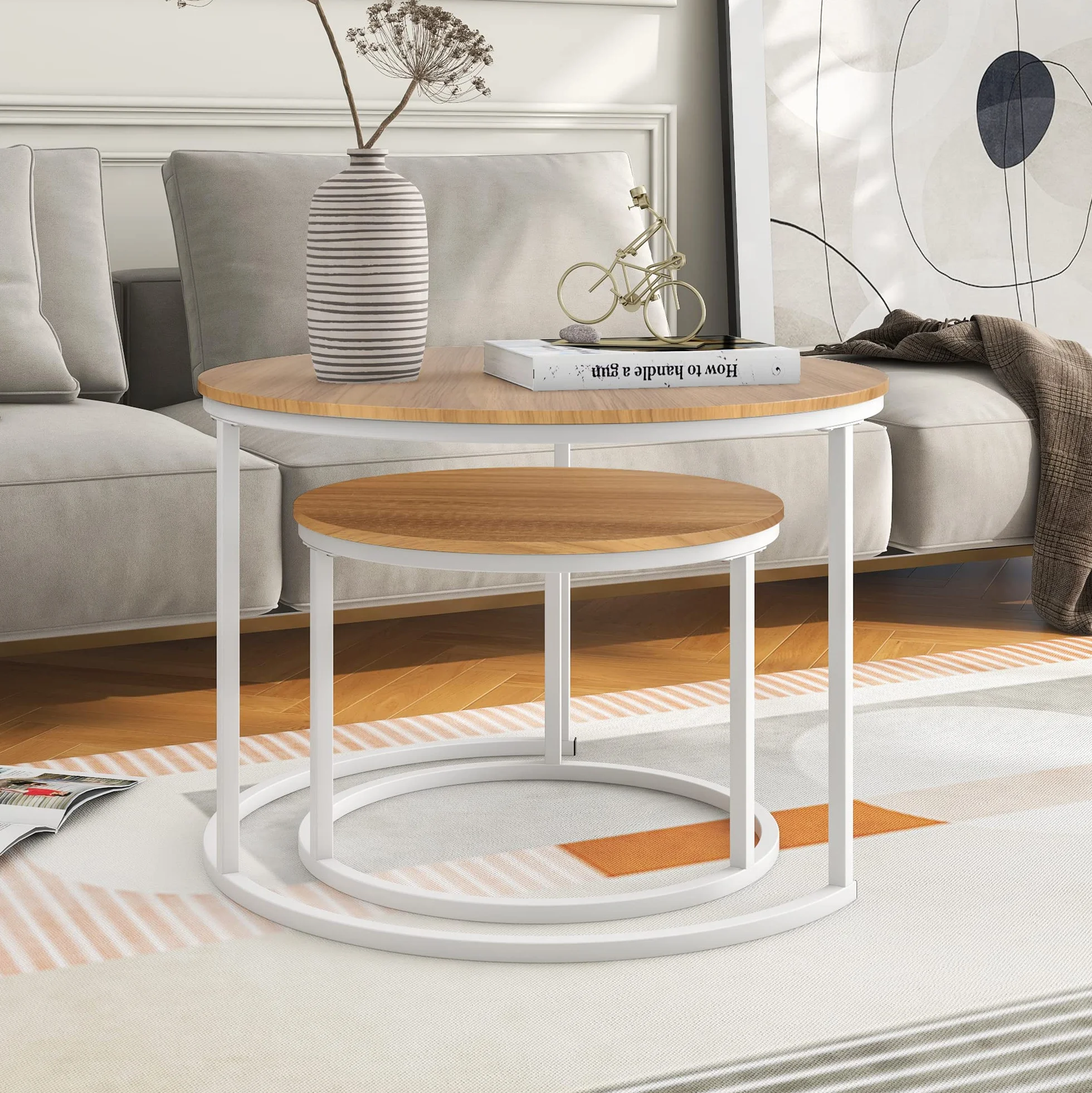 BOFENG Mesa de Centro Redonda Anidable, Juego de 2 Mesas Auxiliares para Sala de Estar/Dormitorio/Espacio Pequeño, Fácil Montaje (Blanco+Roble Oscuro, Juego de 2)