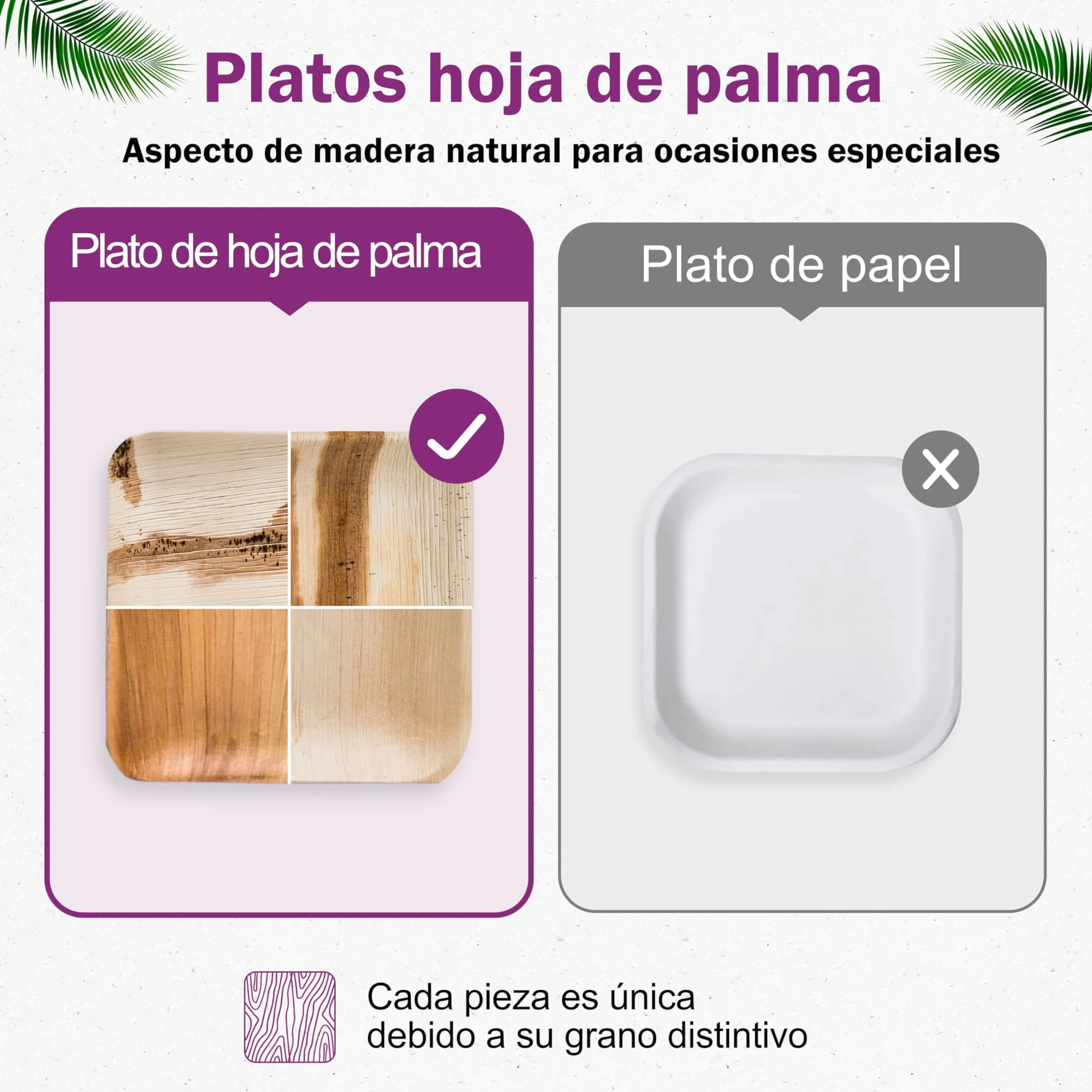 Vajilla Desechable de Hoja de Palma Orgánicos - 25 pz. Cunecos Ø 15 cm/ 500 ml y 25 Platos Cuadrados 25x25 cm