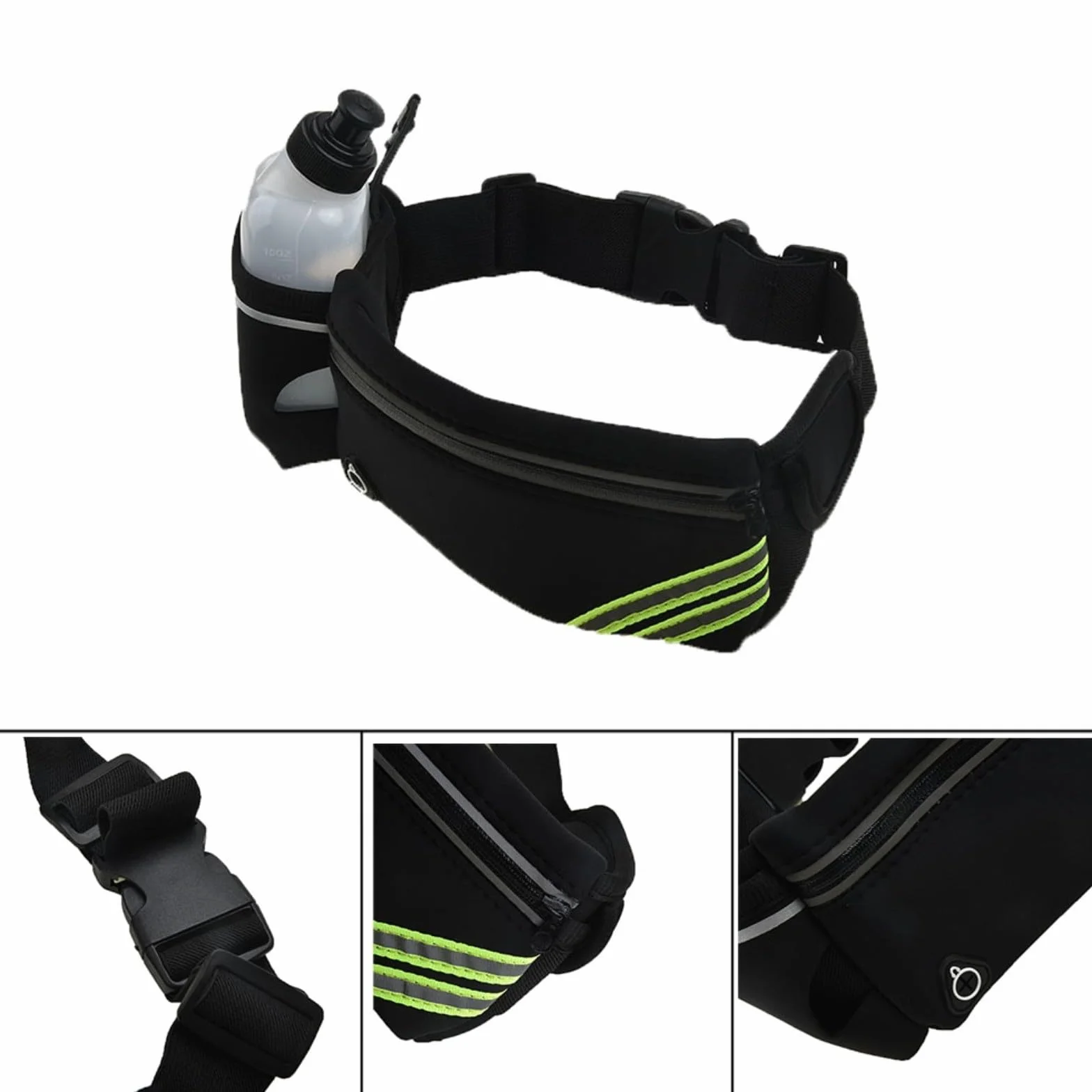 Cinturón ajustable para correr con botella de 10 onzas, riñonera a prueba de sudor para fitness, trotar y gimnasio (negro)