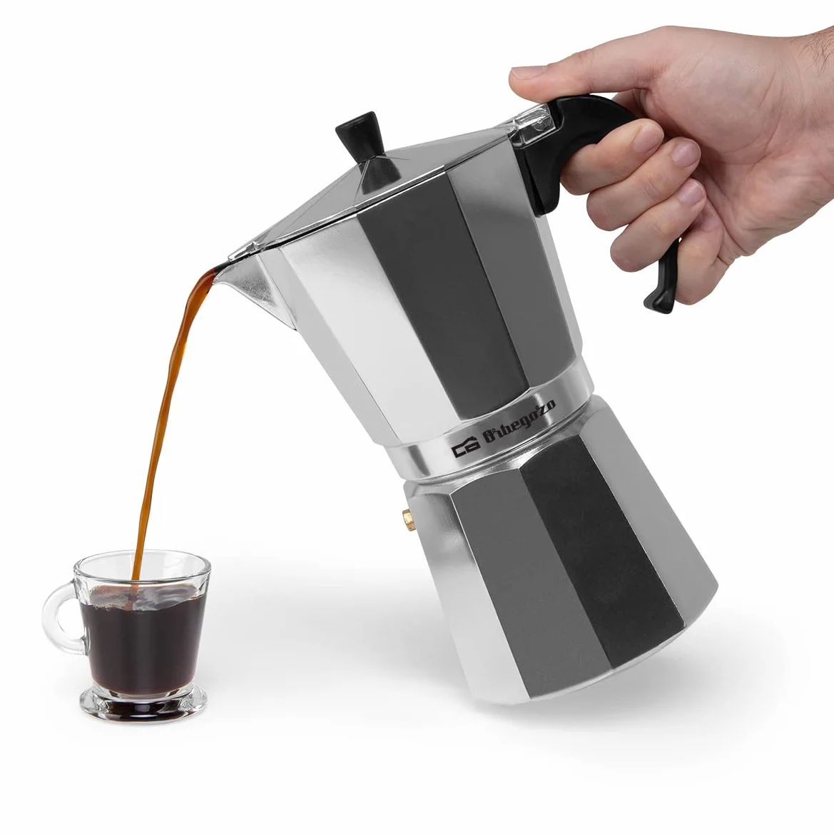 Orbegozo KF 1200, Cafetera Italiana de Aluminio, 12 Tazas, Mango Ergonómico, Apta para Cocinas de Gas, Eléctricas y de Vitrocerámica, Válvula de Seguridad