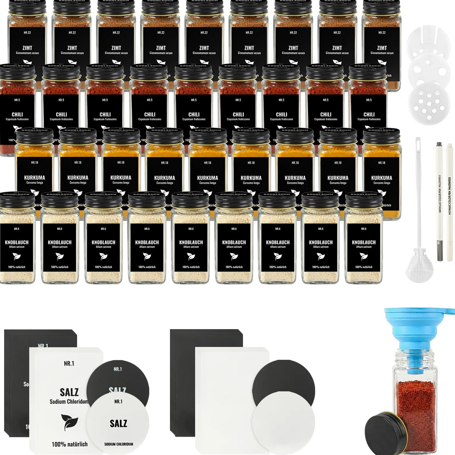 36 Piezas Botes Especias Cristal con Tapa de Aluminio, 120ml Frascos Especiarias Vidrio, Aptos para Cajones y Armarios de Cocina (Negro)