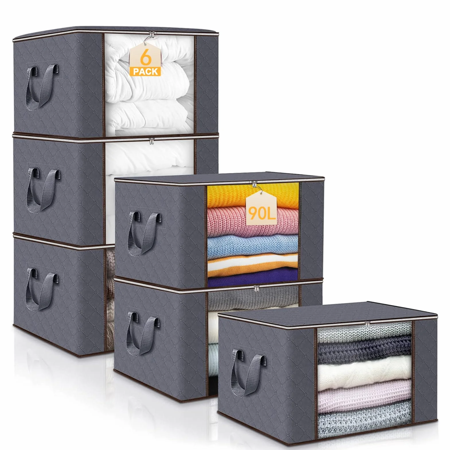 Collazoey 6 Piezas Cajas Almacenaje Ropa,90 L Bolsa de Almacenamiento para Ropa Plegable,Contenedores de Almacenamiento para Organizar Dormitorios, Armarios,Ropa, Edredones,con Tapa y Asa,Gris