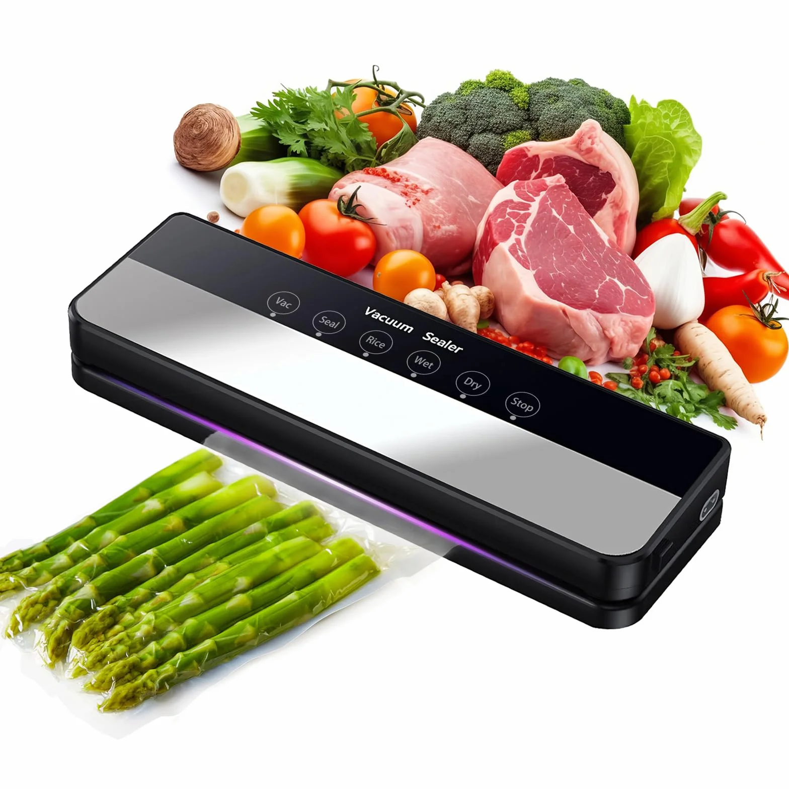 Máquina selladora al vacío,Potente sistema de conservación de alimentos compacto 5 en 1 de precisión de 90 kPa,30 bolsa de vacío, modos seco y húmedo Negro