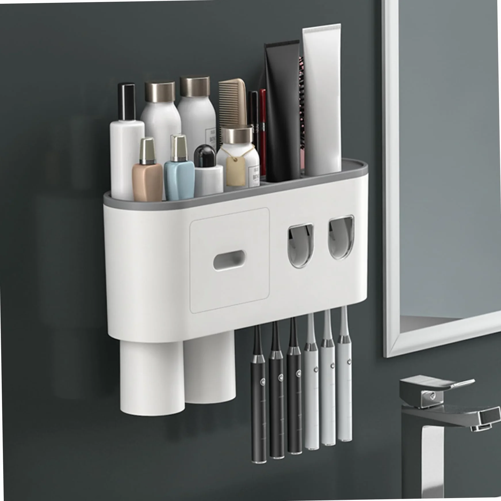 Organizador de cepillos de Dientes for Montaje en Pared de baño, Soporte de plástico ABS con dispensador automático de Pasta de Dientes, for cepillos de Dientes eléctricos y manuales