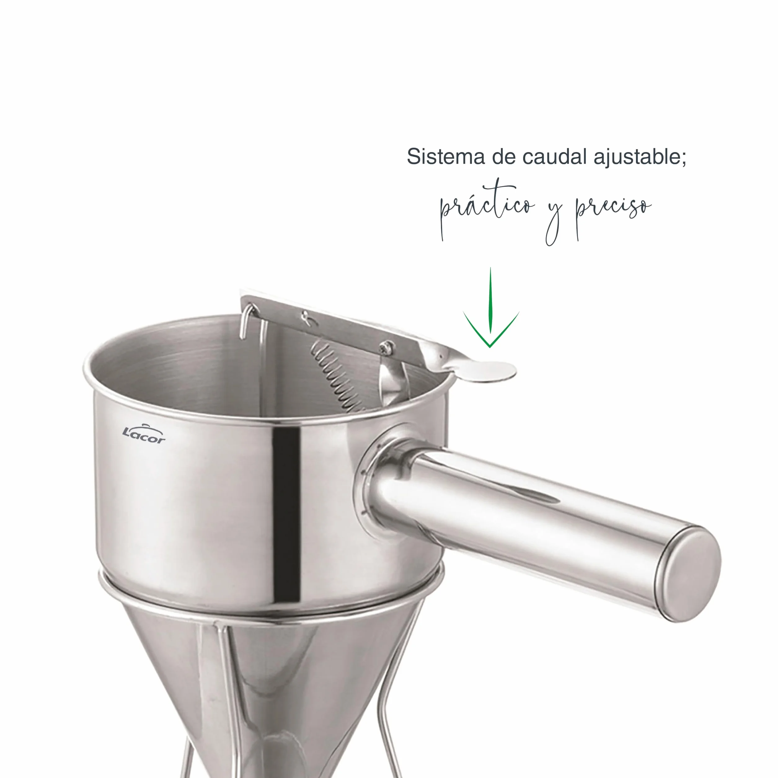 Lacor - 67151 - Embudo Dosificador, Ideal para Rellenar o Decorar, Acero inoxidable 18/10, Mango Ergonómico, Boquilla de Salida 8 mm, Capacidad 1.25 Litros, Apto para el Lavavajillas, Incluye Soporte
