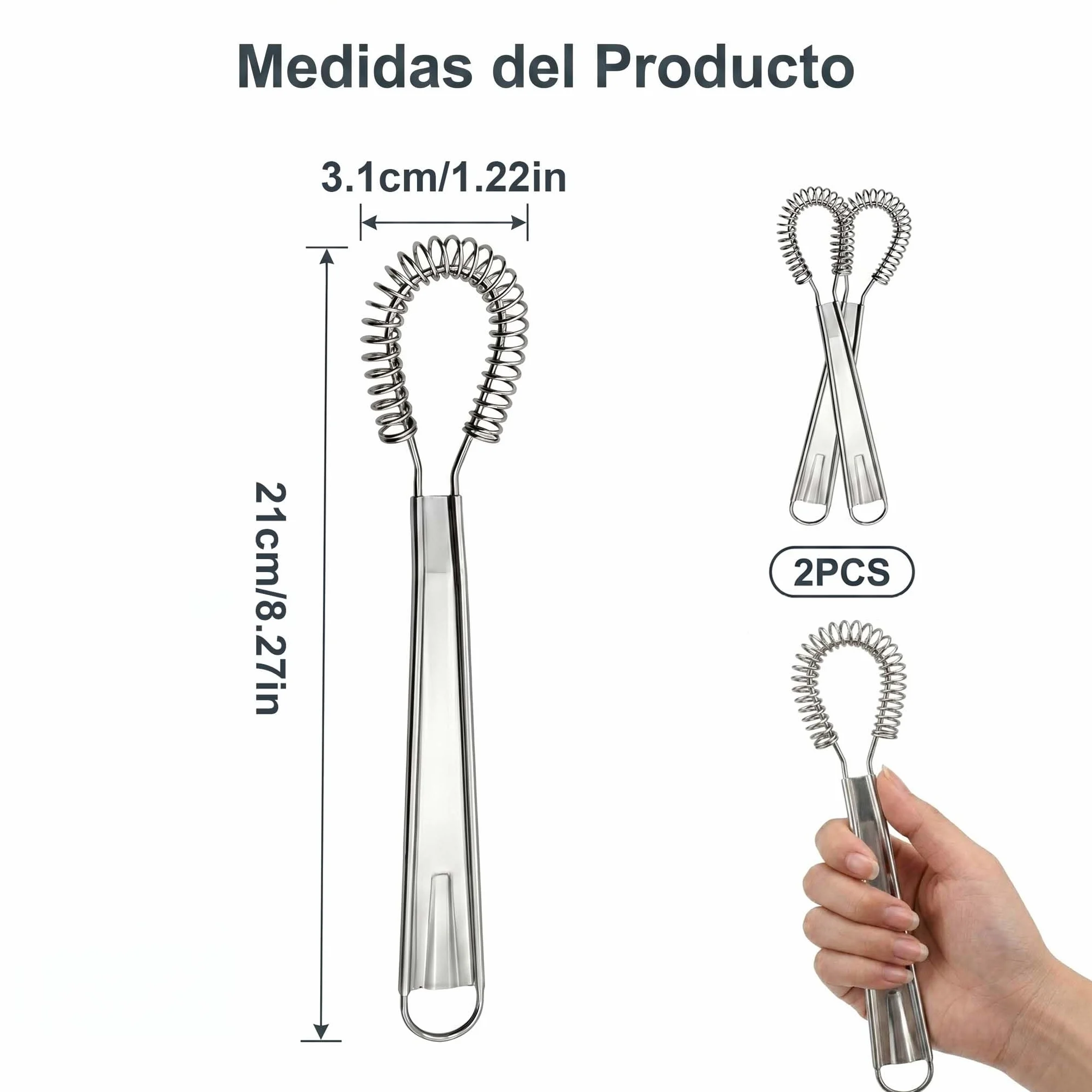 Conjunto de 2 Batidores de Cocina de Acero Inoxidable, Batidora de Mano Pequeña de Acero Inoxidable para Salsas y Café, Mini Varillas Manuales de Resorte para Batir Huevos y Leche