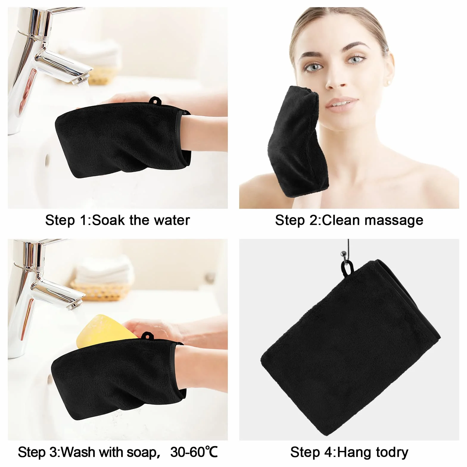 PHOGARY Paquete de 10 Piezas de Manoplas de baño Guantes para lavarse tamaño 15x21 cm manopla de Franela Suave para la Cara, Negro