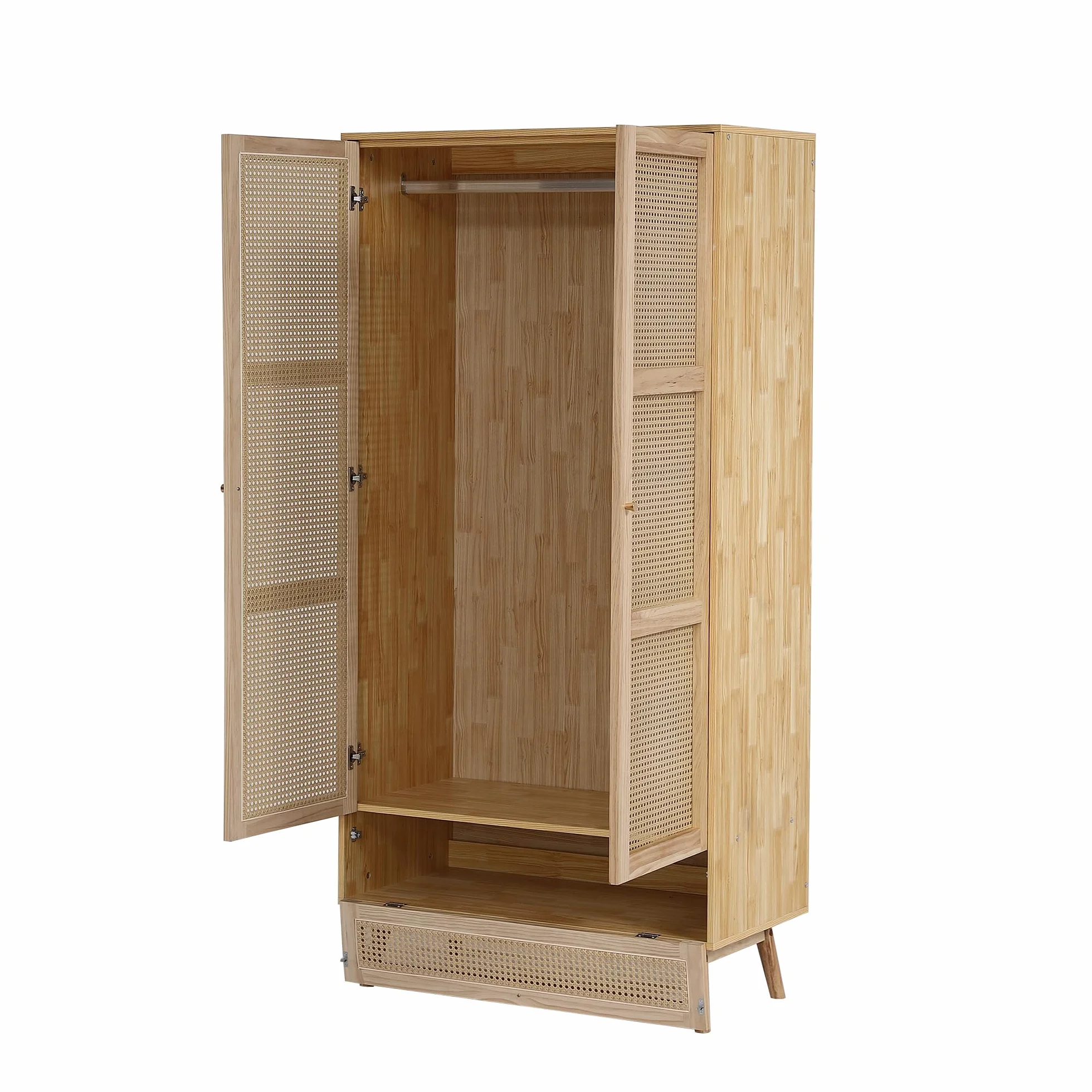 Idemon Armario con barra, armario de 2 puertas, dormitorio, red de ratán, sala de estar, con tapa inferior abatible, tableros de partículas+ratán de polietileno, natural