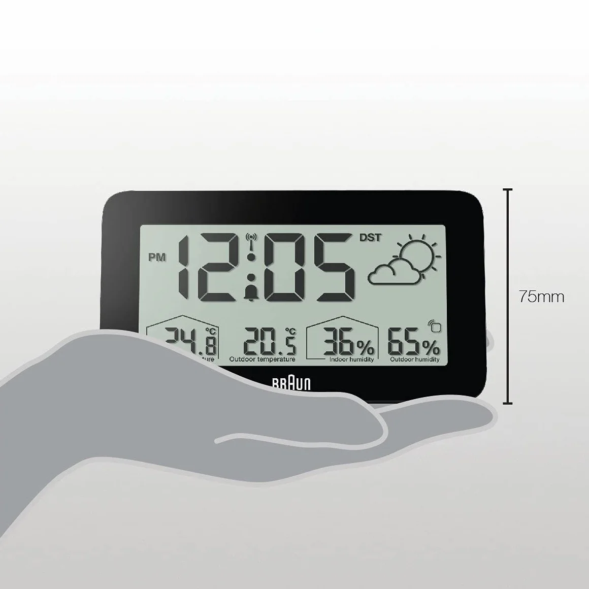 Estación meteorológica y reloj digital controlado por radio Braun para la zona horaria de Europa Central (DCF) con temperatura y humedad, pronóstico del tiempo, pantalla LCD, negro, modelo BC13BP-DCF.