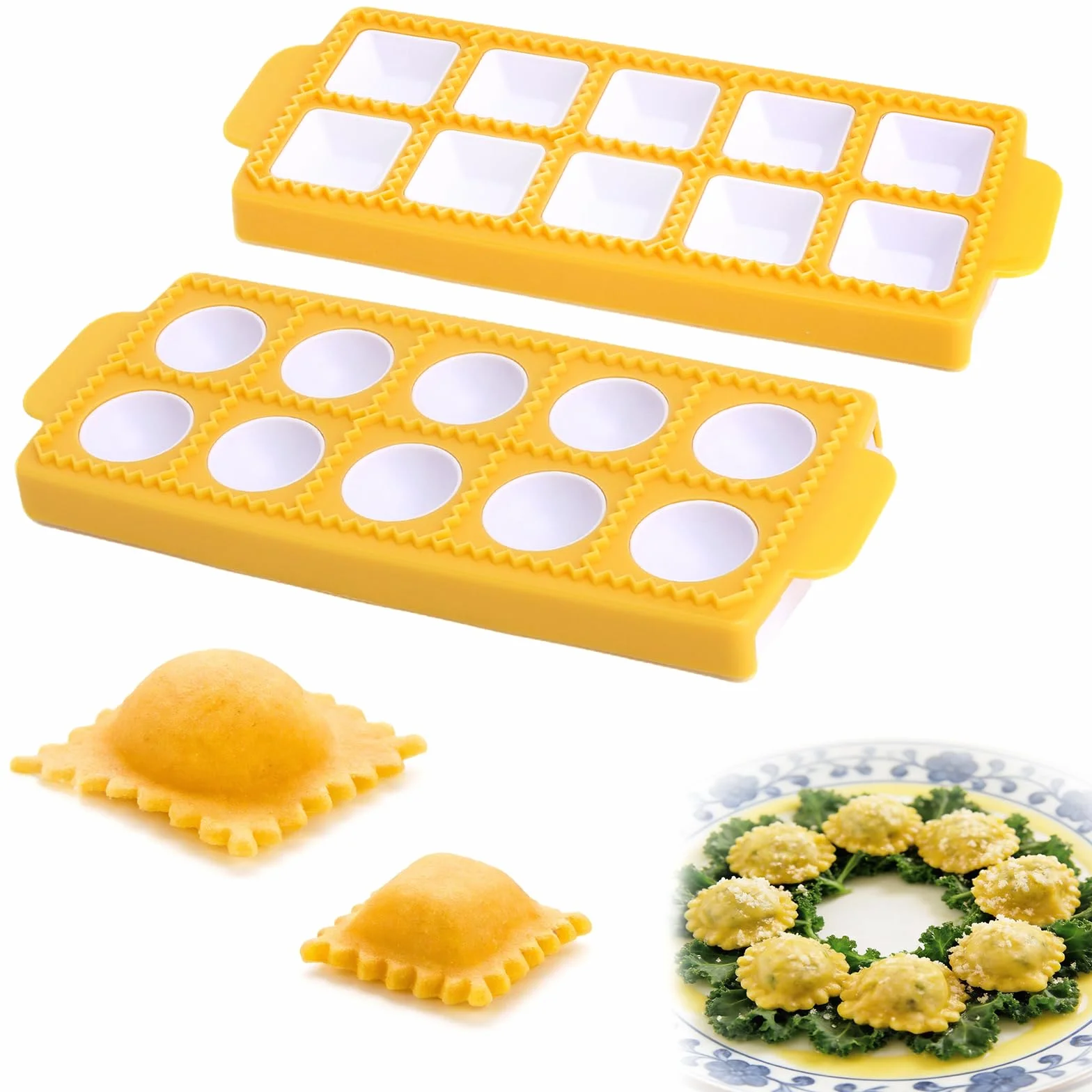2 Piezas Molde de Plástico para Raviolis, Molde para Raviolis Redondos y Cuadrados, Molde de Raviolis Cuadrados, Moldes para Raiolis Molde de Tono Redondo para Pasta de Molde y Pasta a Presión