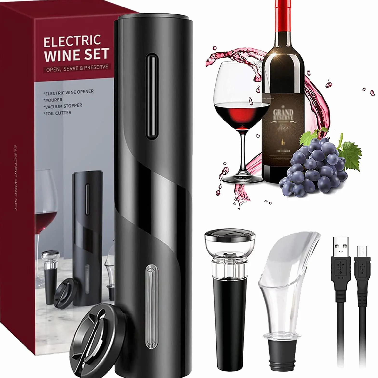 Sacacorchos Eléctrico, USB Recargable Abridor de Vino Automatico Profesional 5 en 1con Cortacapsulas Botella, Vertedor de Vino, Tapón de Vino de Vacío