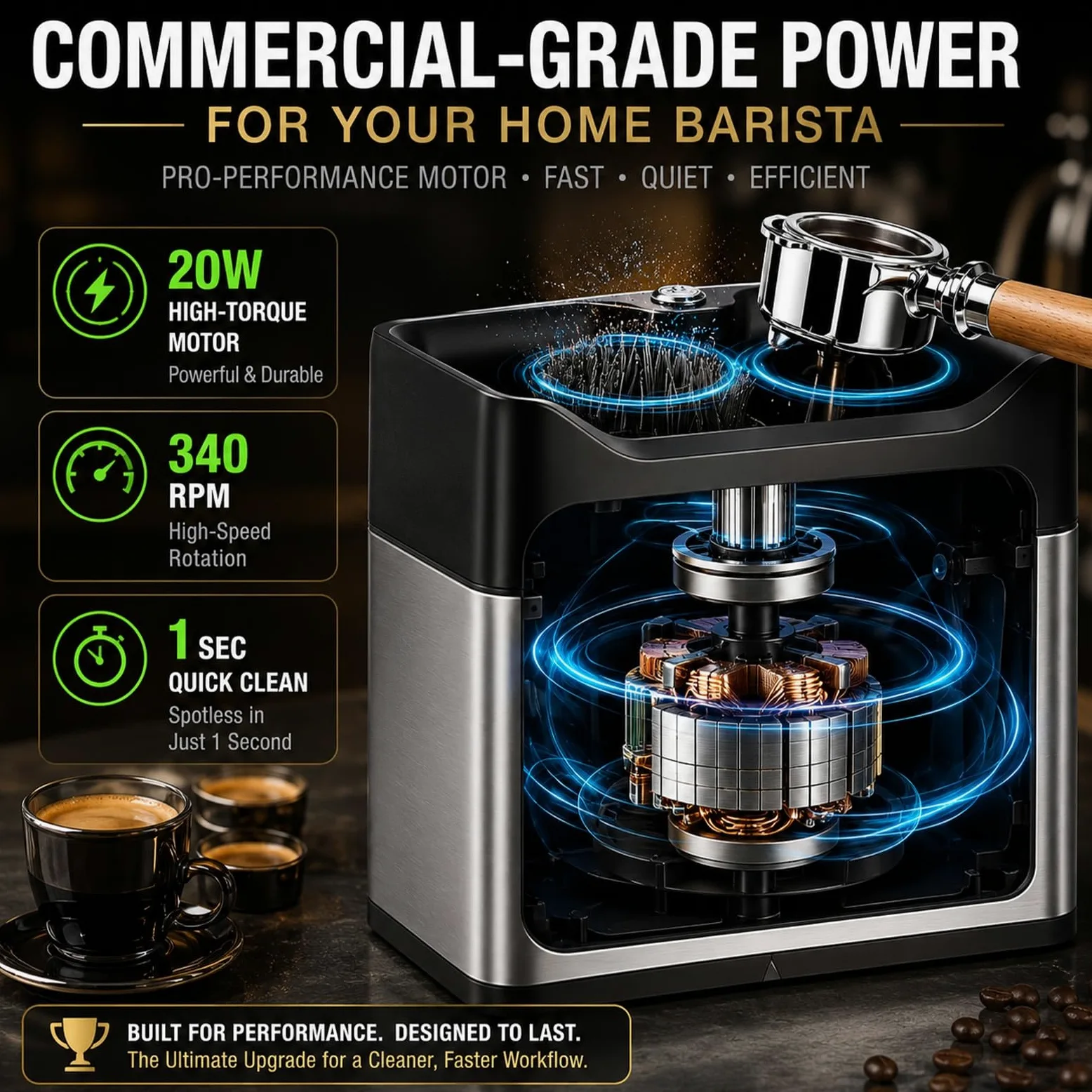 Máquina Limpieza Portafiltros Espresso Automático, Funcionamiento Silencioso 20W Caja Golpeteo, Kit Herramienta Barista Profesional con Cepillos Intercambiables(Black)