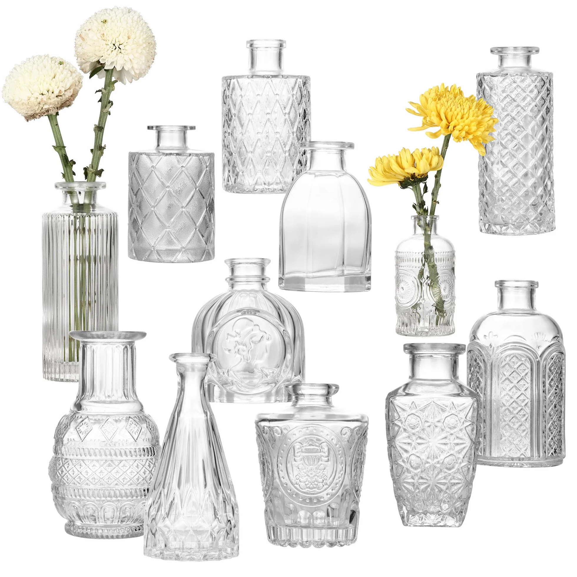 Paquete de 12 Jarrones de Cristal, Mini Floreros de Cristal, Jarrones Decorativos Vintage, Pequeños Jarrones de Vidrio para Decoración de Bodas y Mesas(Transparente)