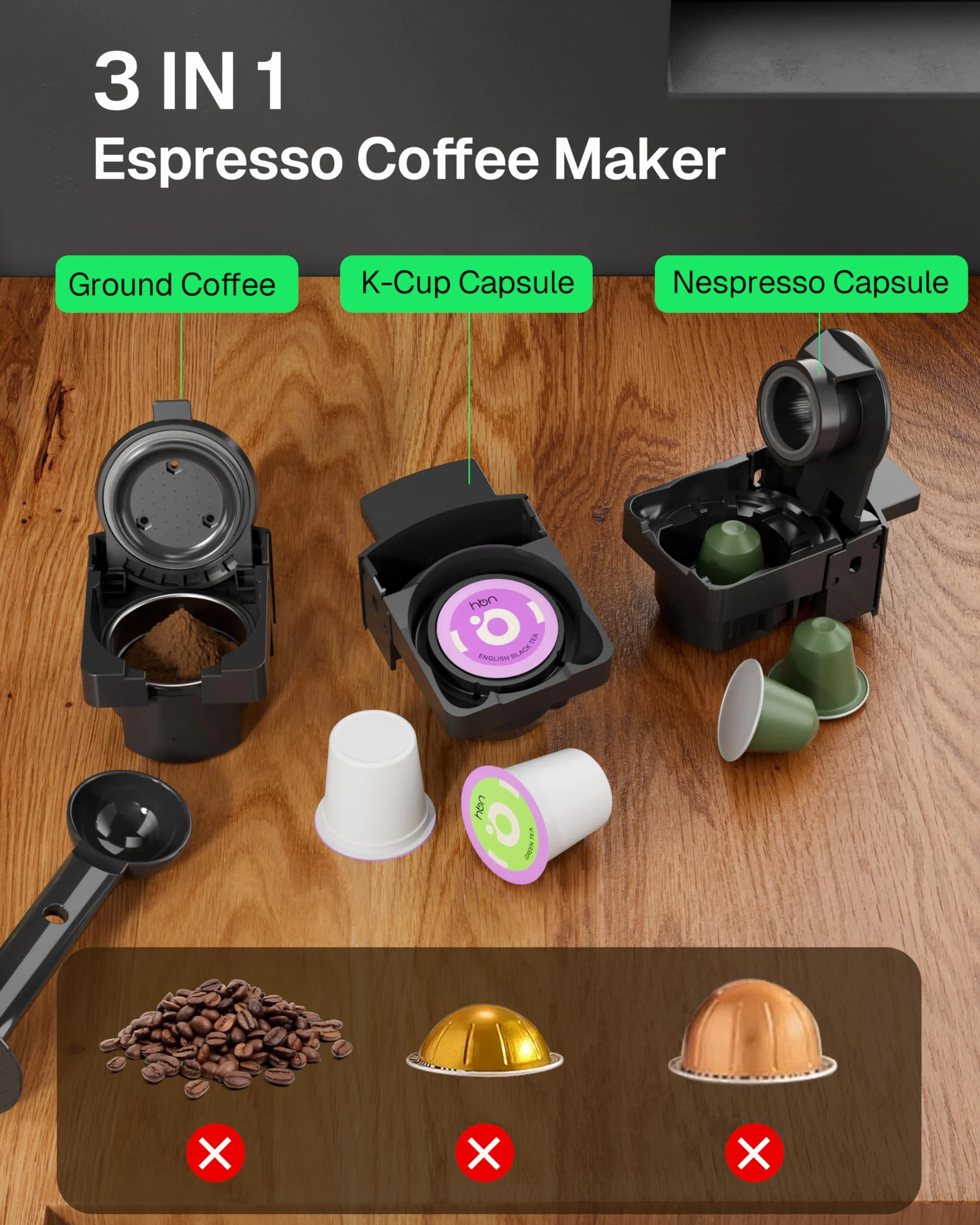 HBN 3 en 1 cafetera multicafetera de un solo servicio, para cápsulas K-Cup y café molido, máquina de elaboración programable de un solo toque, tanque de agua extraíble de 0,6 l, 19 bar, calor rápido