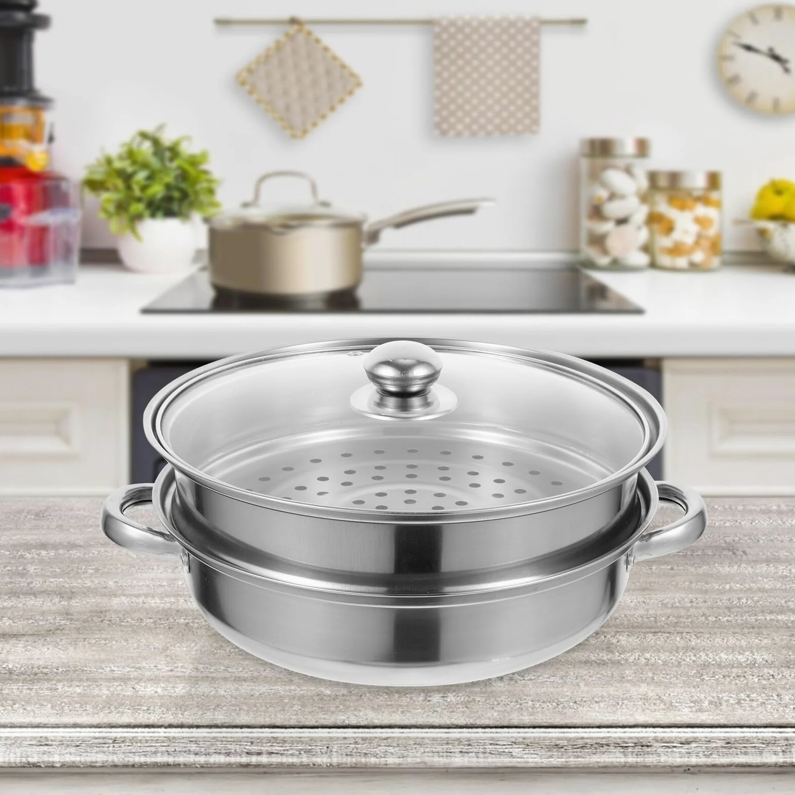Olla Vaporera de Acero Inoxidable Doble Capa para Cocina Diseño de Asa, Cocedor de Verduras al Vapor Multifunción Adecuado para Uso en Cocina