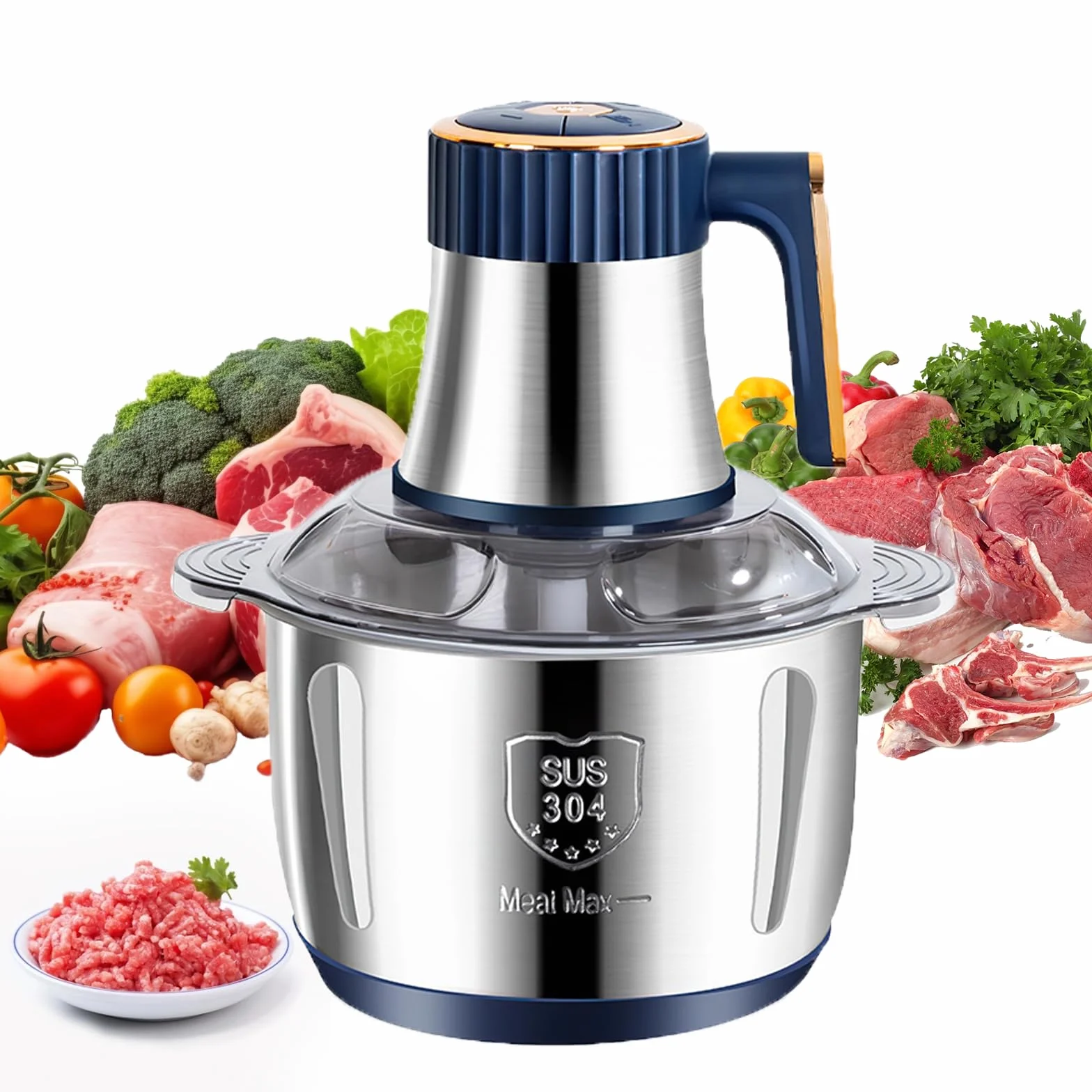 500W Picadora de carne eléctrica, 5L Cortador de verduras multifunción de acero inoxidable con 6 cuchillas, 5 velocidades, mezclador picadora ideal para carne, verduras
