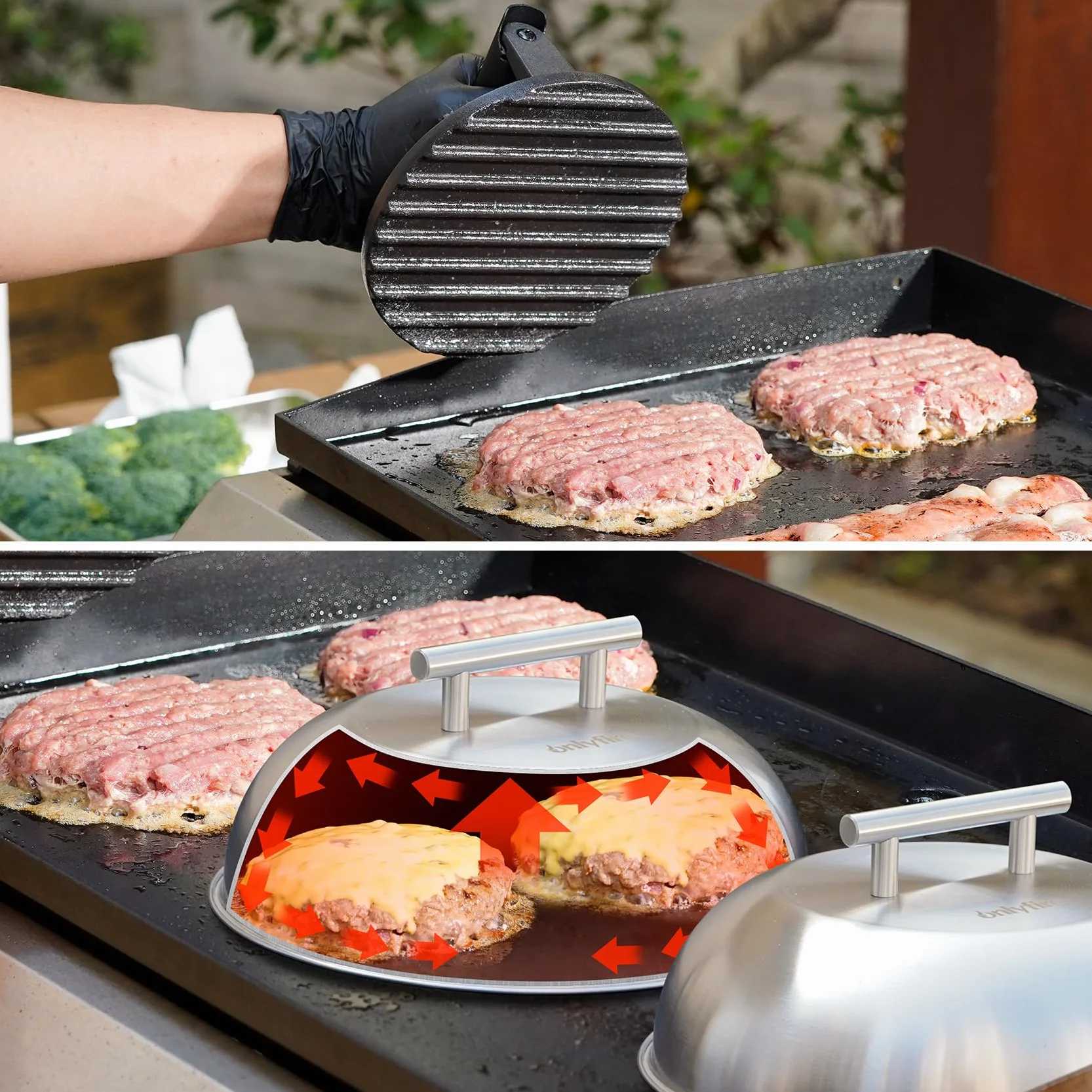 onlyfire Smash Burger Kit, Smash Burger de Hierro Fundido de Φ15,2 cm y 2 Tapa para Hamburguesas de Φ22,8 cm, Kits de Utensilios Profesionales para Barbacoa, Teppanyaki y Camping