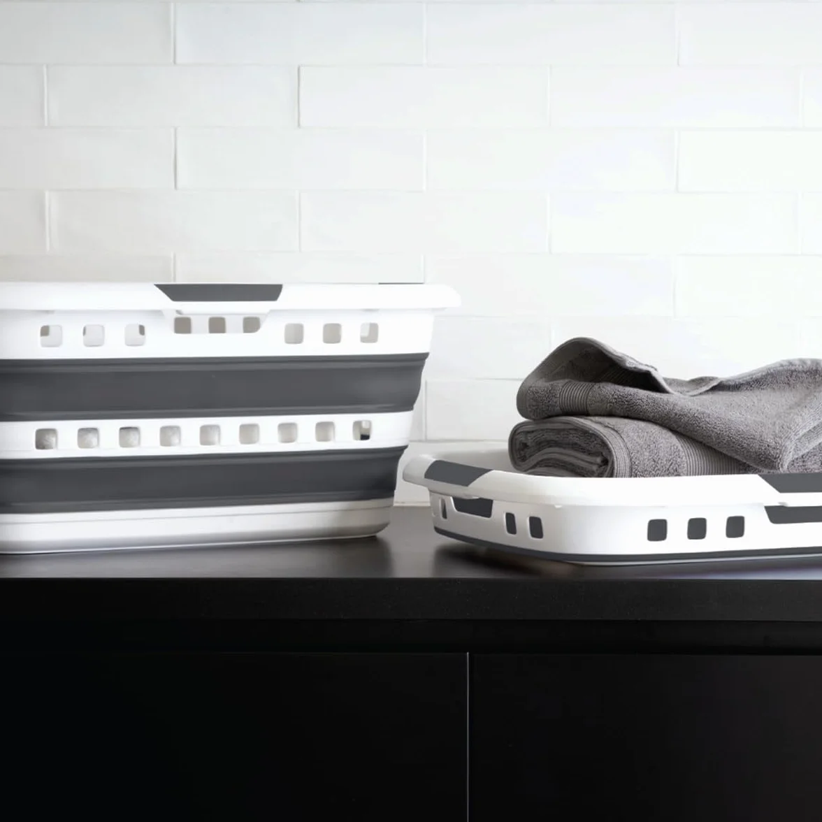 5 five simply smart 5five - Cesto de Ropa Plegable de 45 l - 3 Asas ergonómicas - Cesto de Ropa retráctil Rectangular - Gran Capacidad - Gris y Blanco