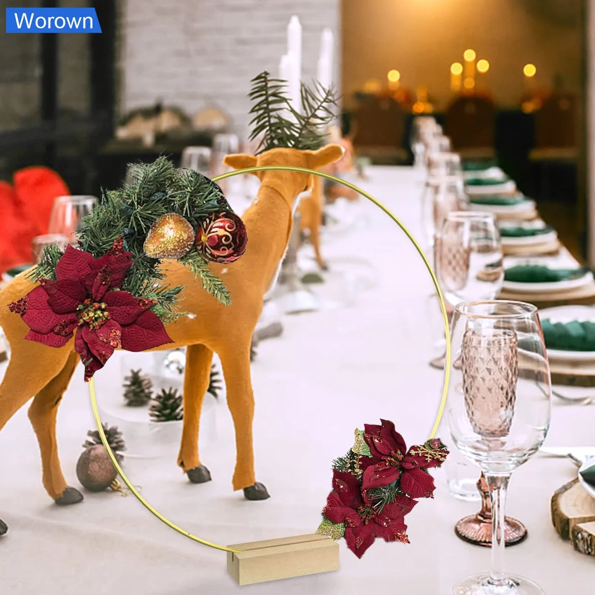 Worown 6 Piezas Aros de Metal 20cm, Anillo Metalicos Oro con 6 Soportes de Madera Natural, Aros para Centro de Mesa pare Bodas, Fiestas, Banquetes, Eventos