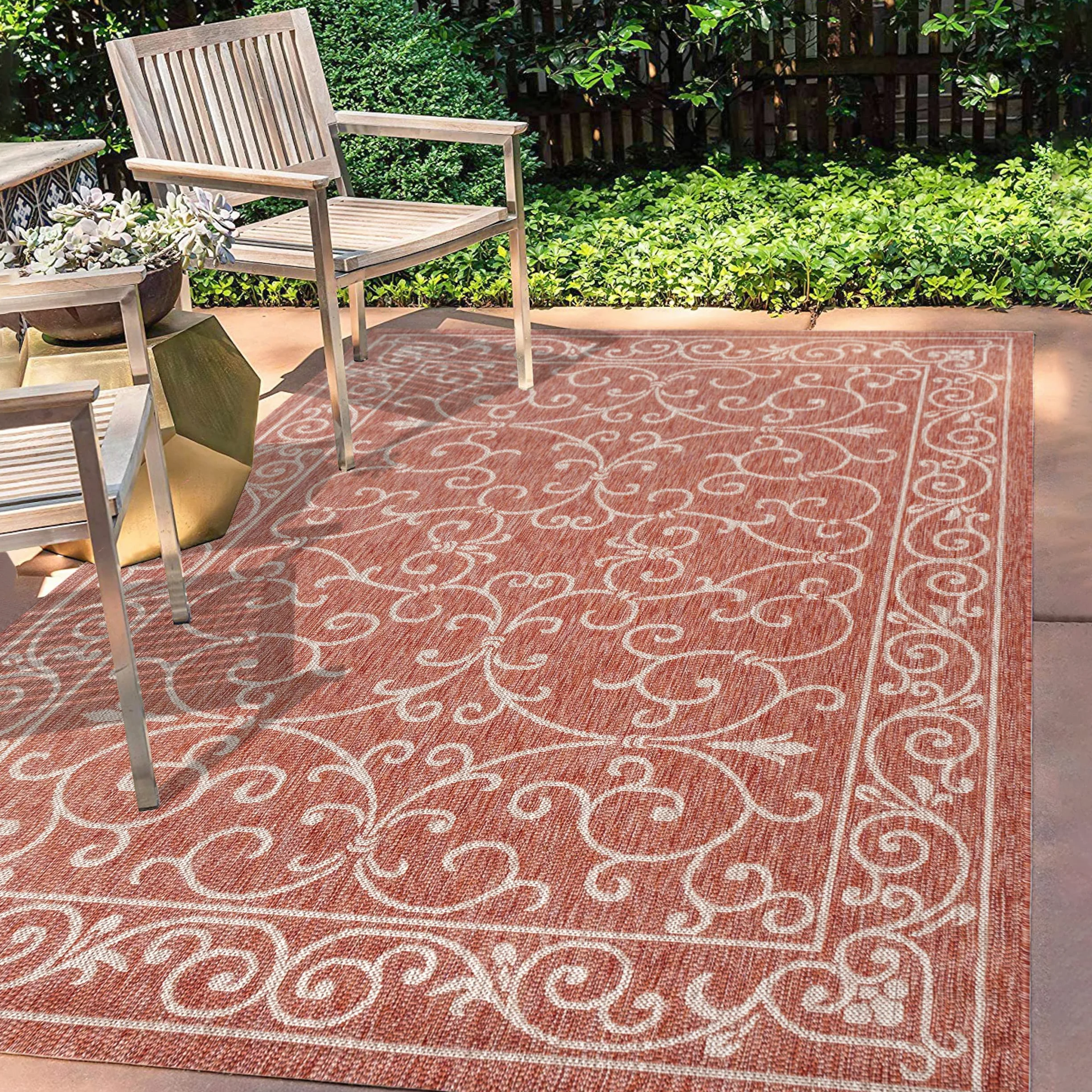 JONATHAN Y SMB106B-8 Charleston Alfombra Exterior Interior Textura Tejido Filigrana Vintage, Fácil de Limpiar, Habitación, Cocina, 240 cm x 300 cm, Rojo/Beige