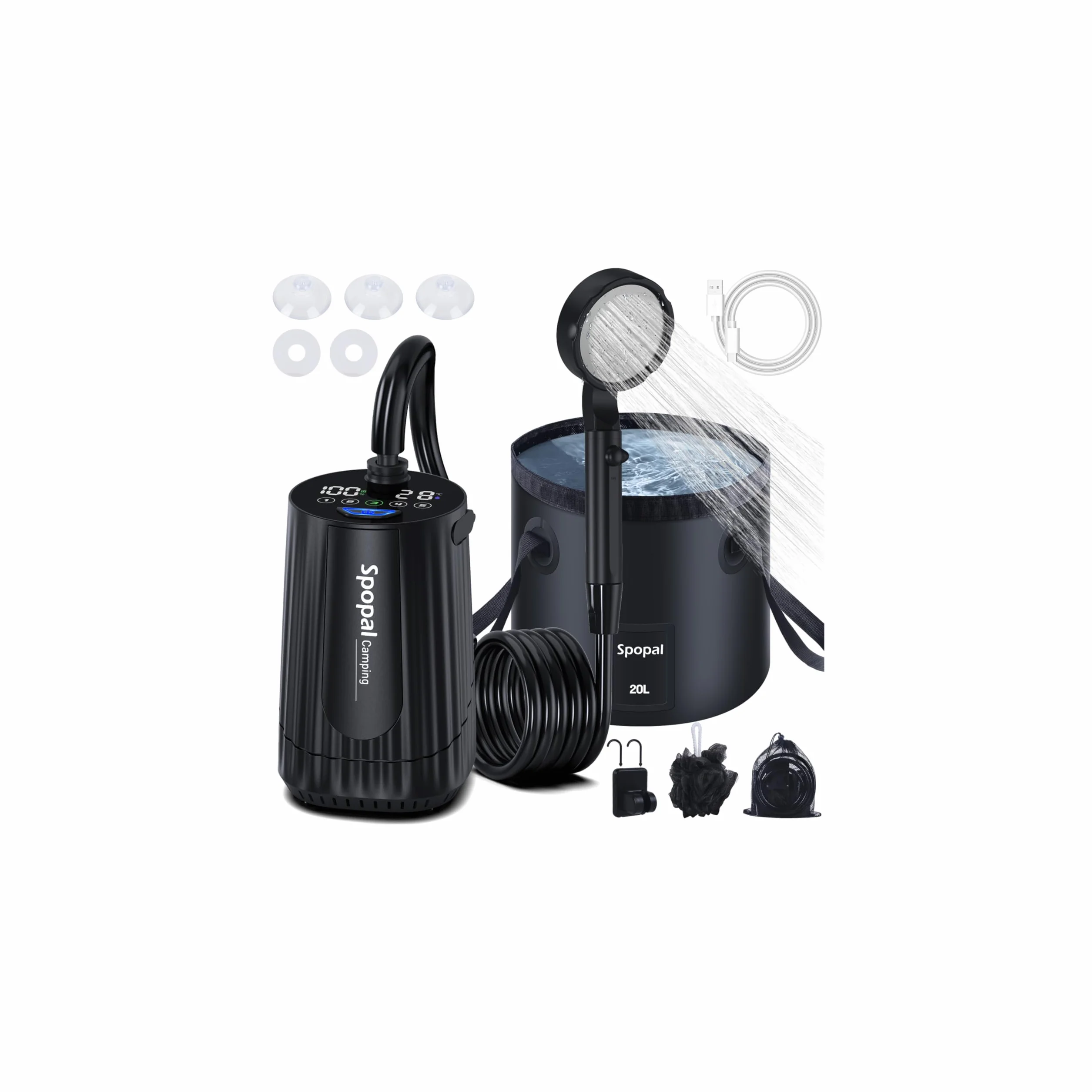 Spopal Ducha Portatil Camping 10000mAh Recargable con Cubo Plegable, Modo Doble Velocidad