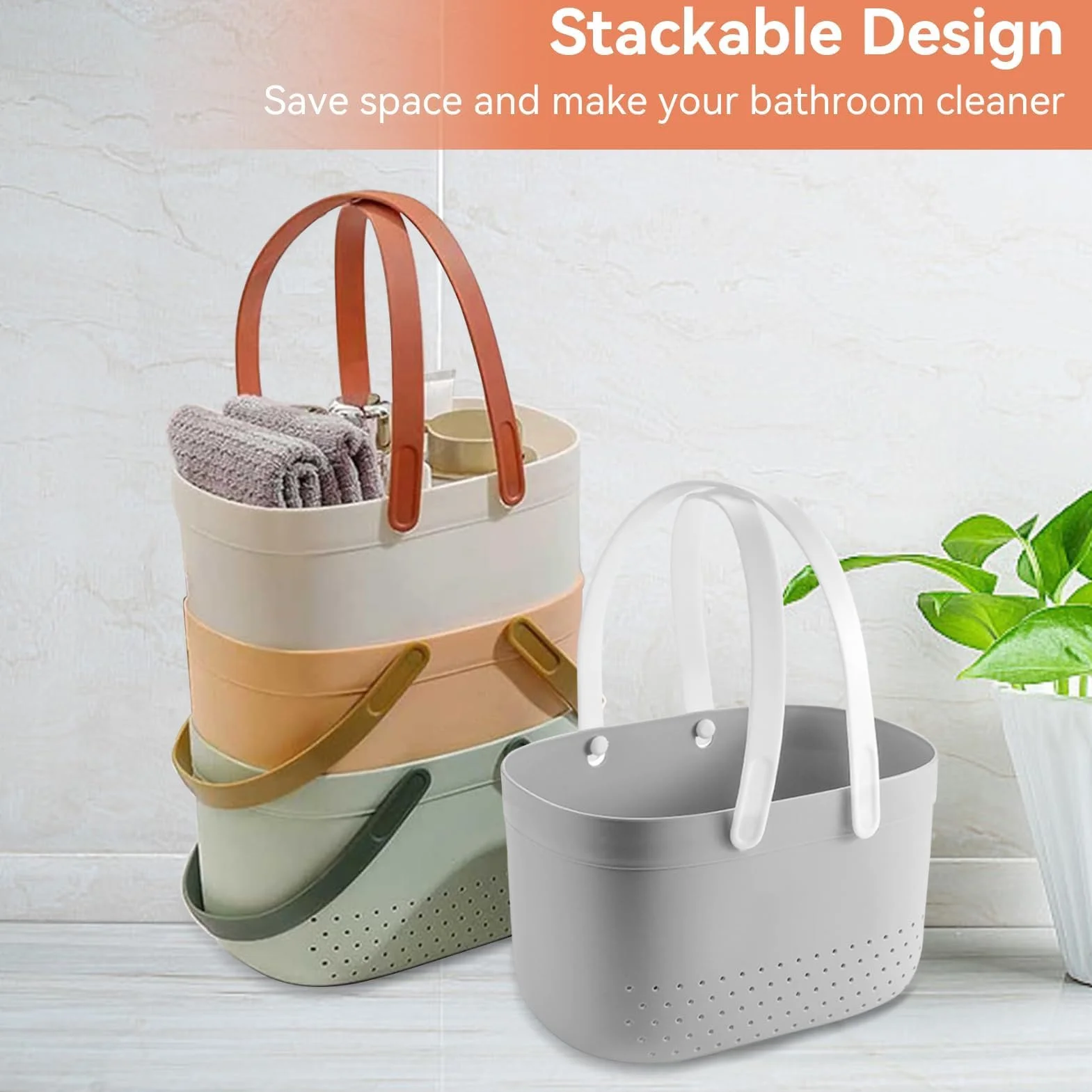 HERCHR Cesta Portátil para Carrito De Ducha, Cesta para Carrito De Ducha con Orificios De Ventilación, Cesta De Almacenamiento Portátil De Plástico De Gran Capacidad con Asas para Baño(Gris)