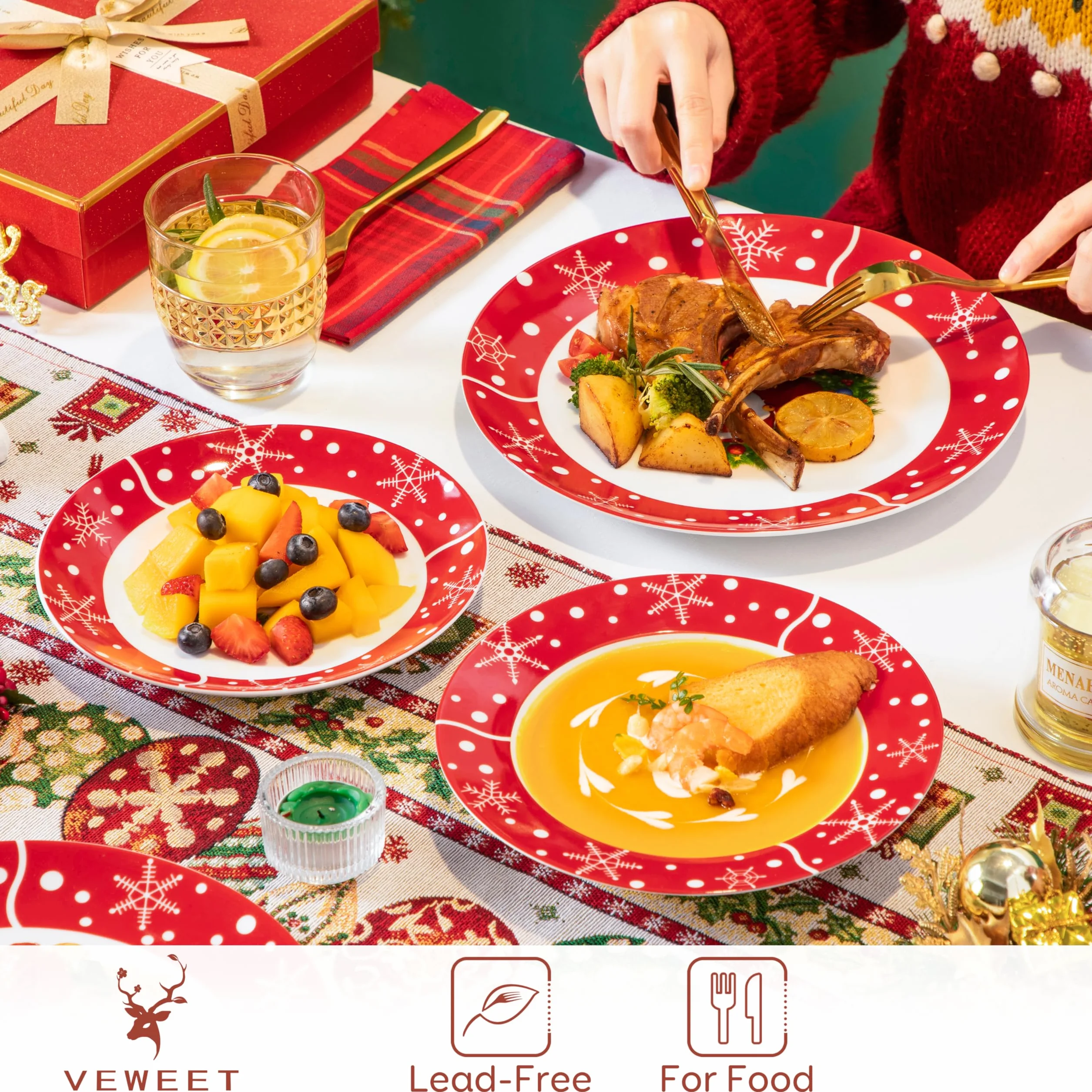 VEWEET, Vajilla de Navidad de 18 Piezas para 6 Personas en Porcelana, con Platos Llanos, de Postre y Hondos, Decoración Navideña Roja con Motivo de Papá Noel, Serie SANTACLAUS