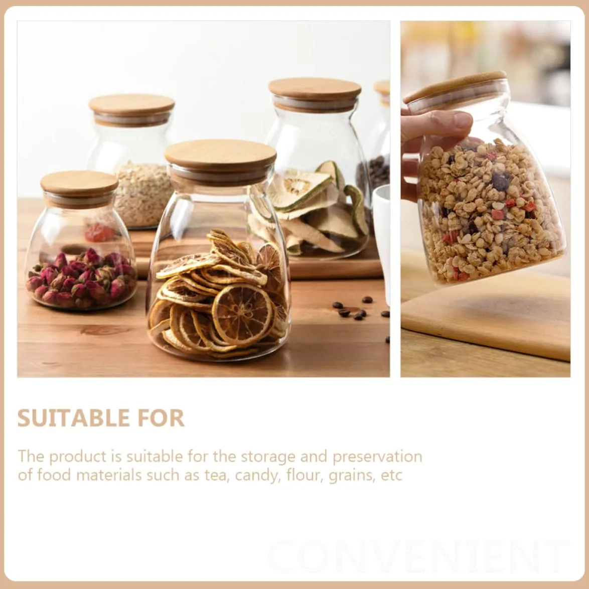 MAGICLULU Recipientes de Vidrio Borosilicato 2 Piezas Tapa de Madera y Silicona Capacidad 1000ml para Almacenamiento de Alimentos y Granos para Escritorio