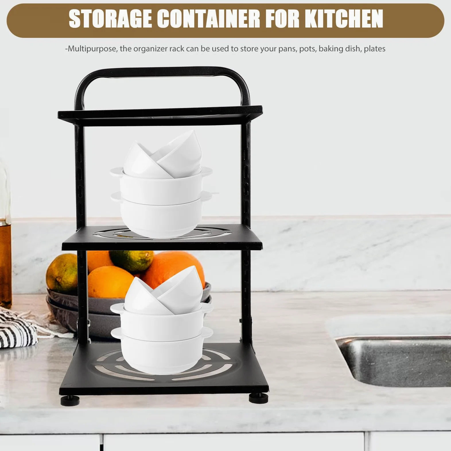 Estante Organizador de Ollas y Sartenes de 3 Niveles Ajustable en Acero al Carbono Negro, Soporte para Botellas y Especias, Adecuado para Armarios y Encimeras de Cocina