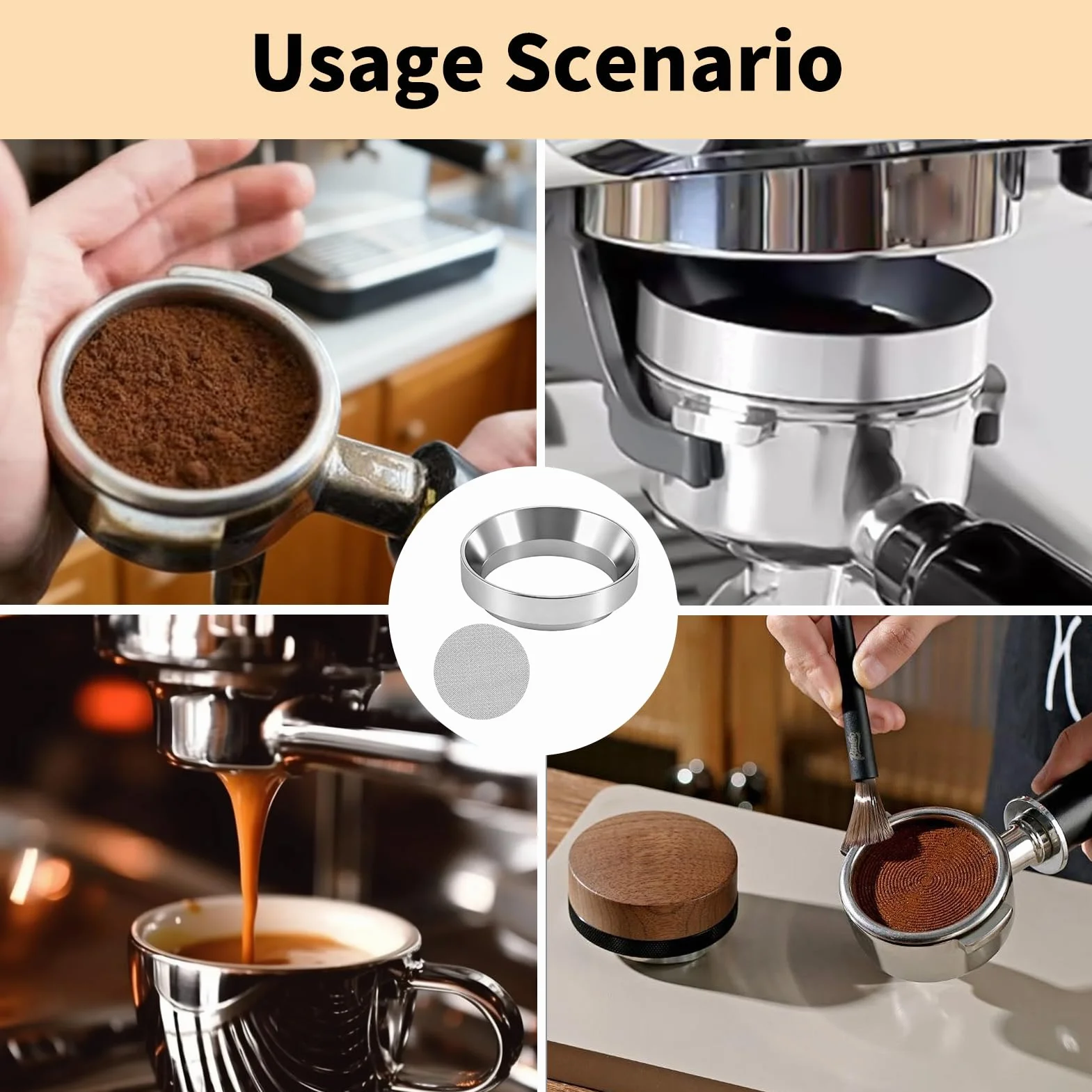 Anillo dosificador de café de 58 mm, Pantalla Puck y Embudo Espresso,Accesorios Barista de Acero Inoxidable, Compatible con Portafiltros, Llenado Preciso y Sin Derrames