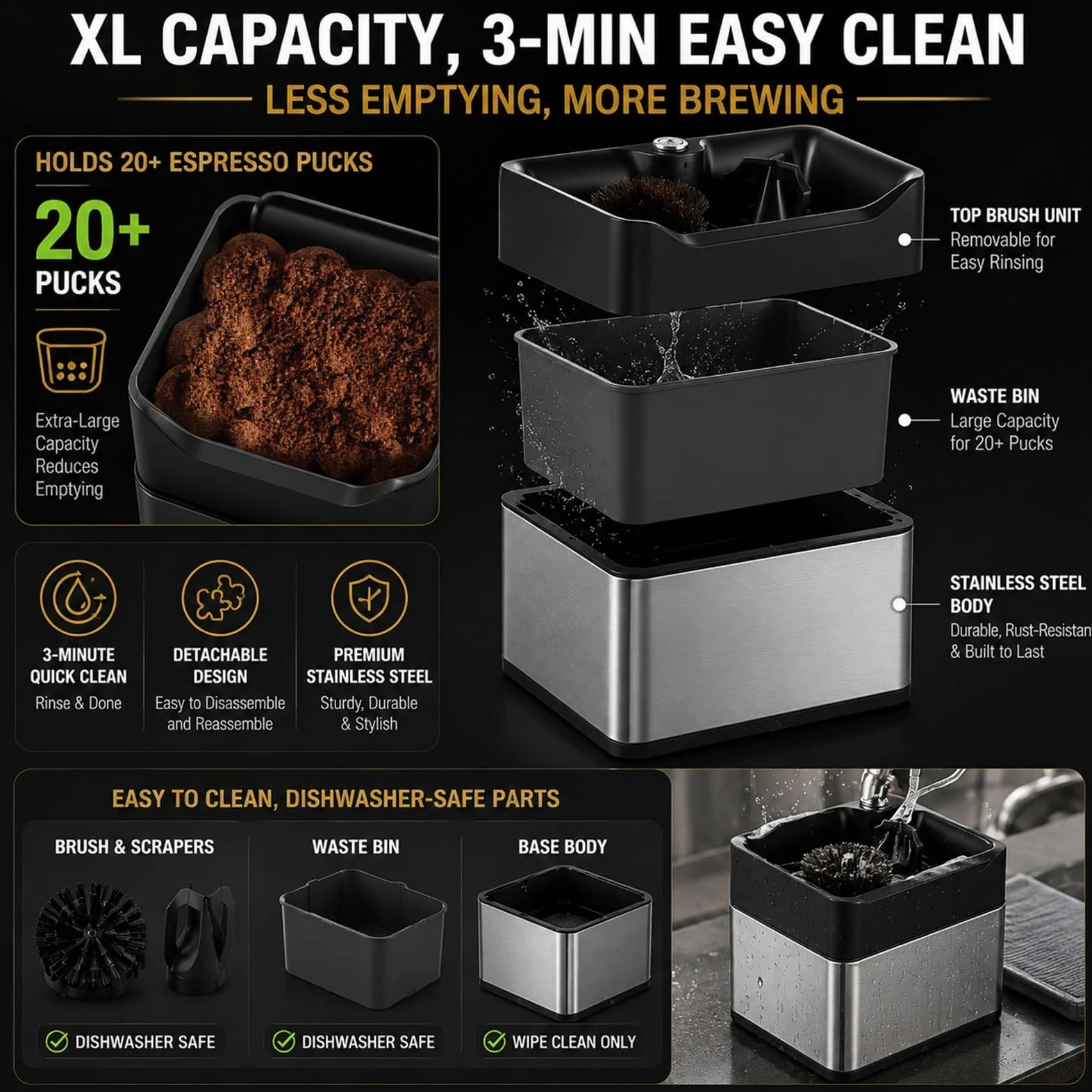 Máquina Limpieza Portafiltros Espresso Automático, Funcionamiento Silencioso 20W Caja Golpeteo, Kit Herramienta Barista Profesional con Cepillos Intercambiables(Black)
